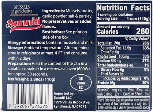 Miniatura 2 de Sanniti Mejillones en mantequilla de ajo Fuente natural de Omega 3 Solo calienta y sirve, 3.9 onzas (paquete de 2)