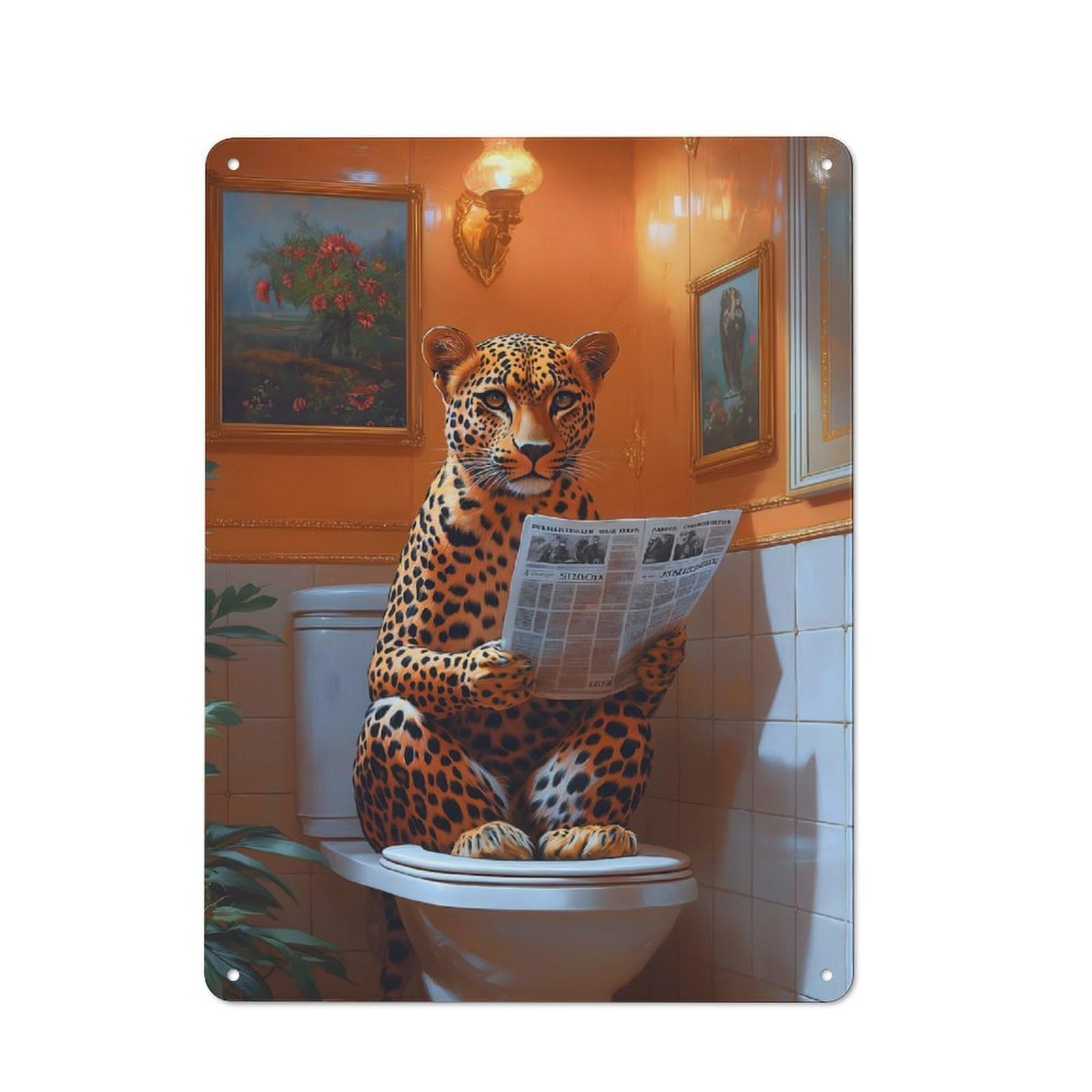 Vintage Metal Sign with Leopard Reading Newspaper Toilet Design 40x30cm, Vintage Bar Wall Plaque for Cafe, Pub, Workshop Or Home Bar