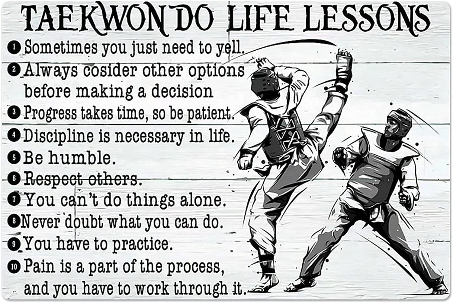 peiyeety Taekwondo Life Lessons Metal Signs Vintage Athlete Posters Retro Room Decor Funny Novelty Tin Sign Club Home Living Room Garage Man Cave Farm Wall Decor Printed Plaque-8x12Inch