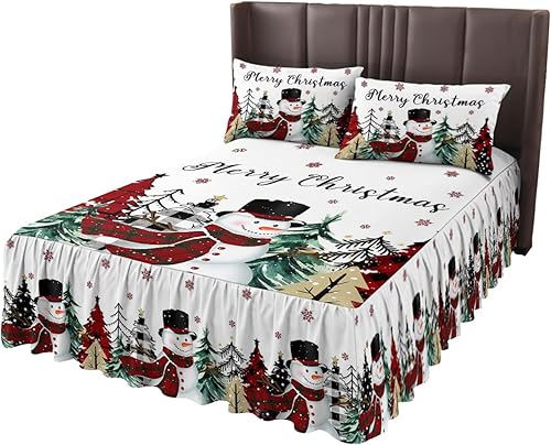 Juego de sábanas de falda de cama de Navidad, 1 sábana y 2 fundas de almohada, falda de cama tamaño matrimonial de 18 pulgadas de caída, muñeco de