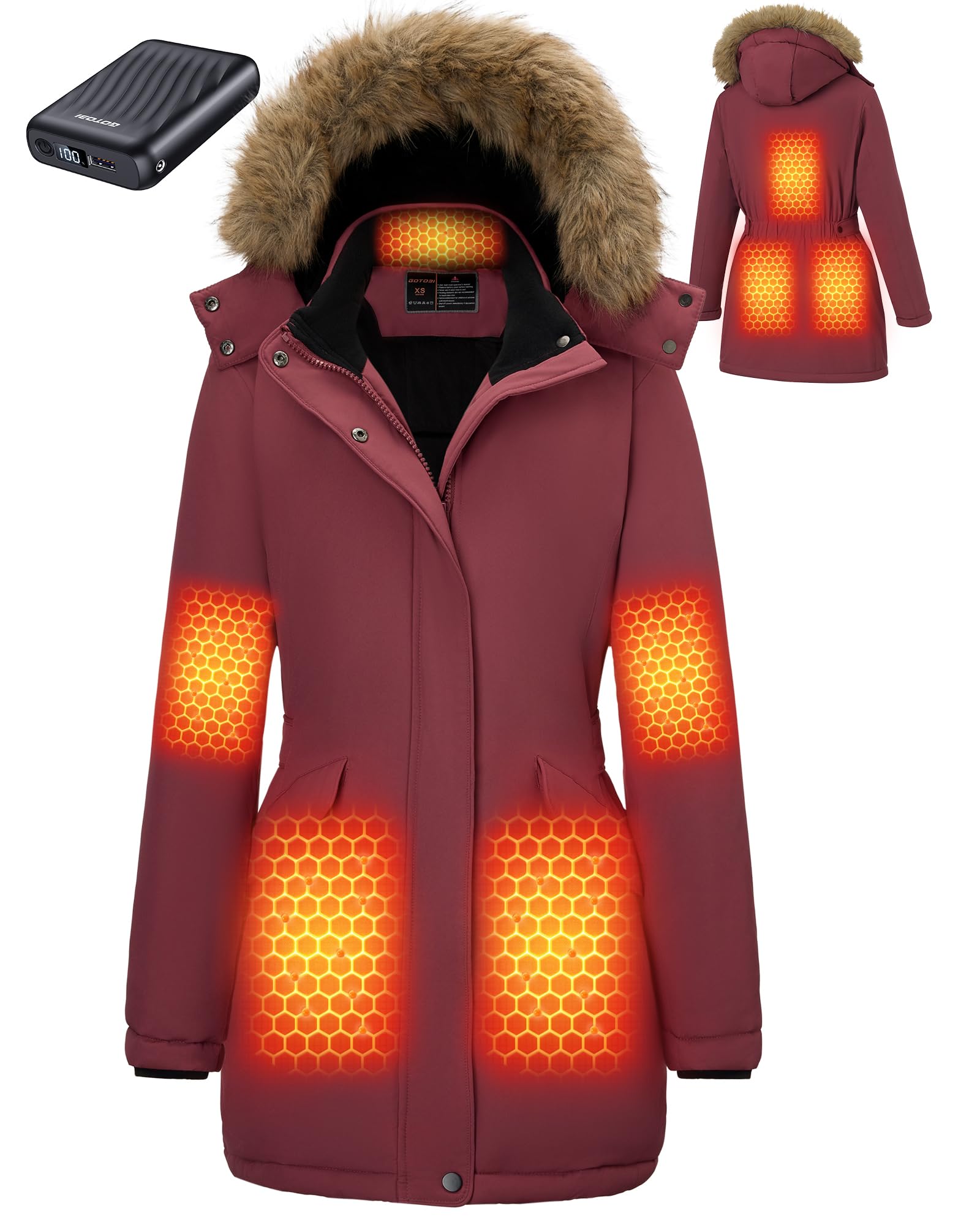 GOTOBI Graphene Long Heated Jacket for Women with 18400mAh 12V Battery Pack, Womens Parka Coat with Faux Fur Detachable Hood