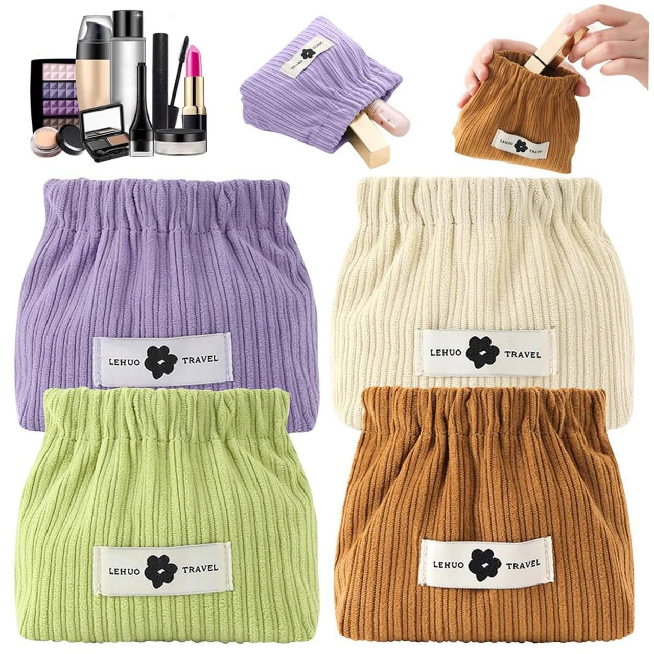 Corduroy Makeup Pouch, Small Cosmetic Storage Bag, Elastic Drawstring Organizer for Lipstick, Jewelry, Coins, Multi-Color-image-18
