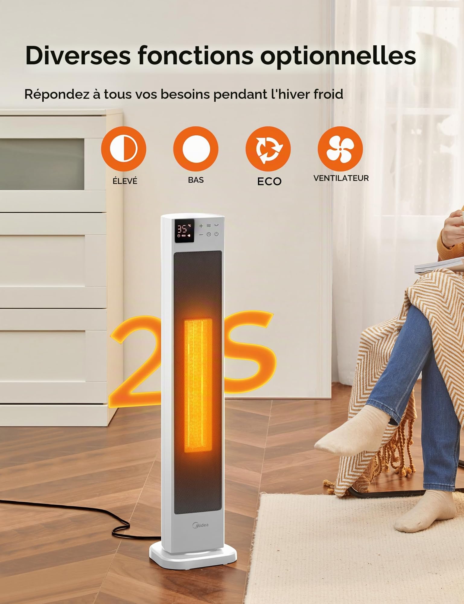 Midea Chauffage Électrique Économique et Silencieux avec Télécommande, PTC 2000W Radiateur en Céramique avec Thermostat, Minuterie 24H, Mode ÉCO, pour Grandes Pièces, Oscillation à 75°, 76,5CM