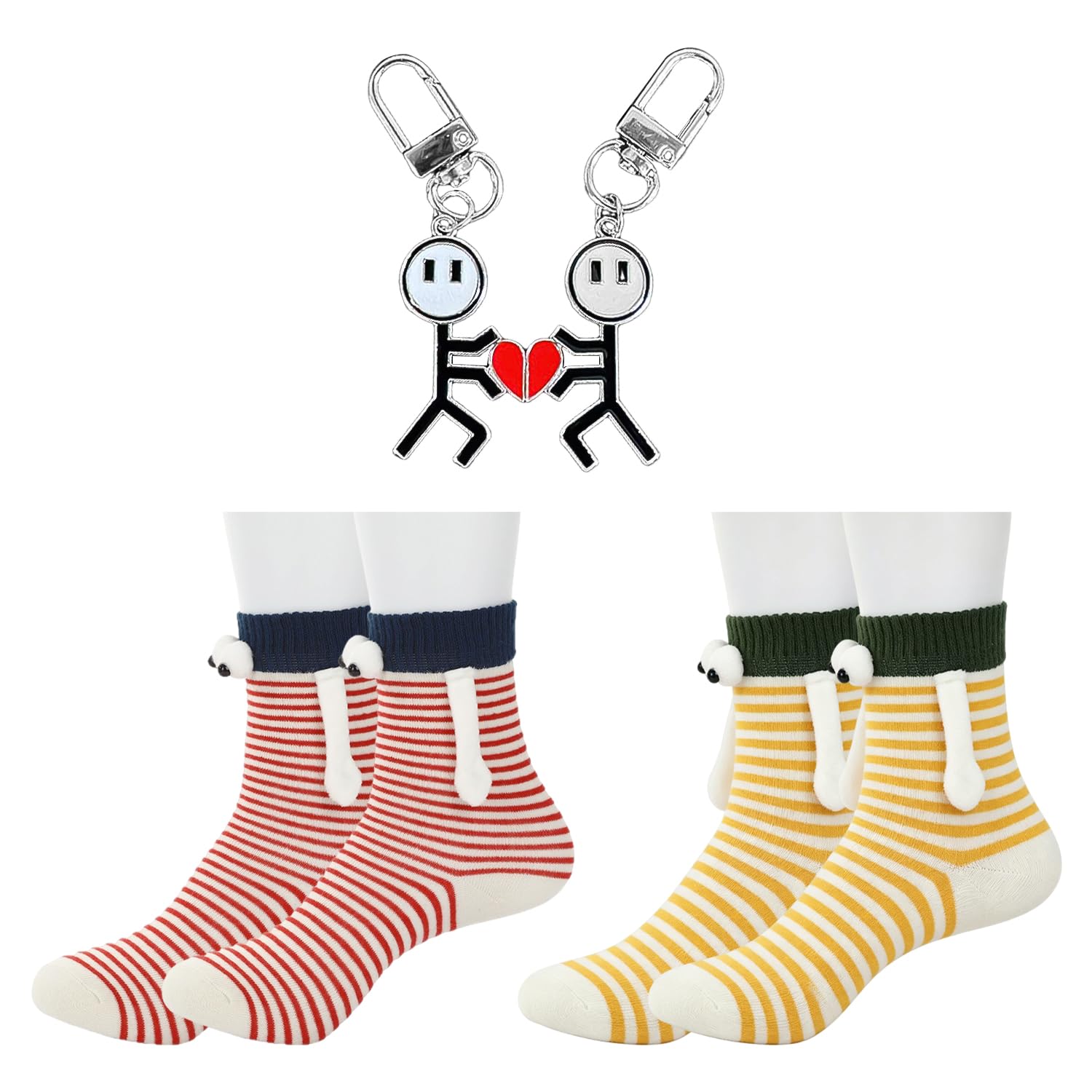 2 Pairs Of Magnetic Hand-Holding Socks And 1 Pair Of Firewood Keychain, Breathable Cotton Socks, Creative Couple Gifts, Suitable For Friends, Partners, Couples, And Children.