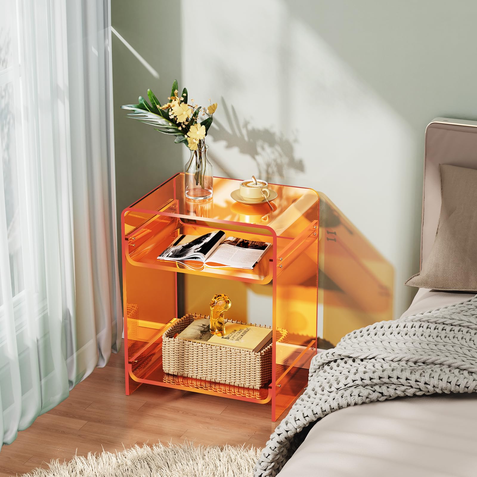 Comodino in Acrilico, Tavolino da Salotto per Soggiorno, Camera da Letto, 45 x 30 x 58 cm (Arancione)