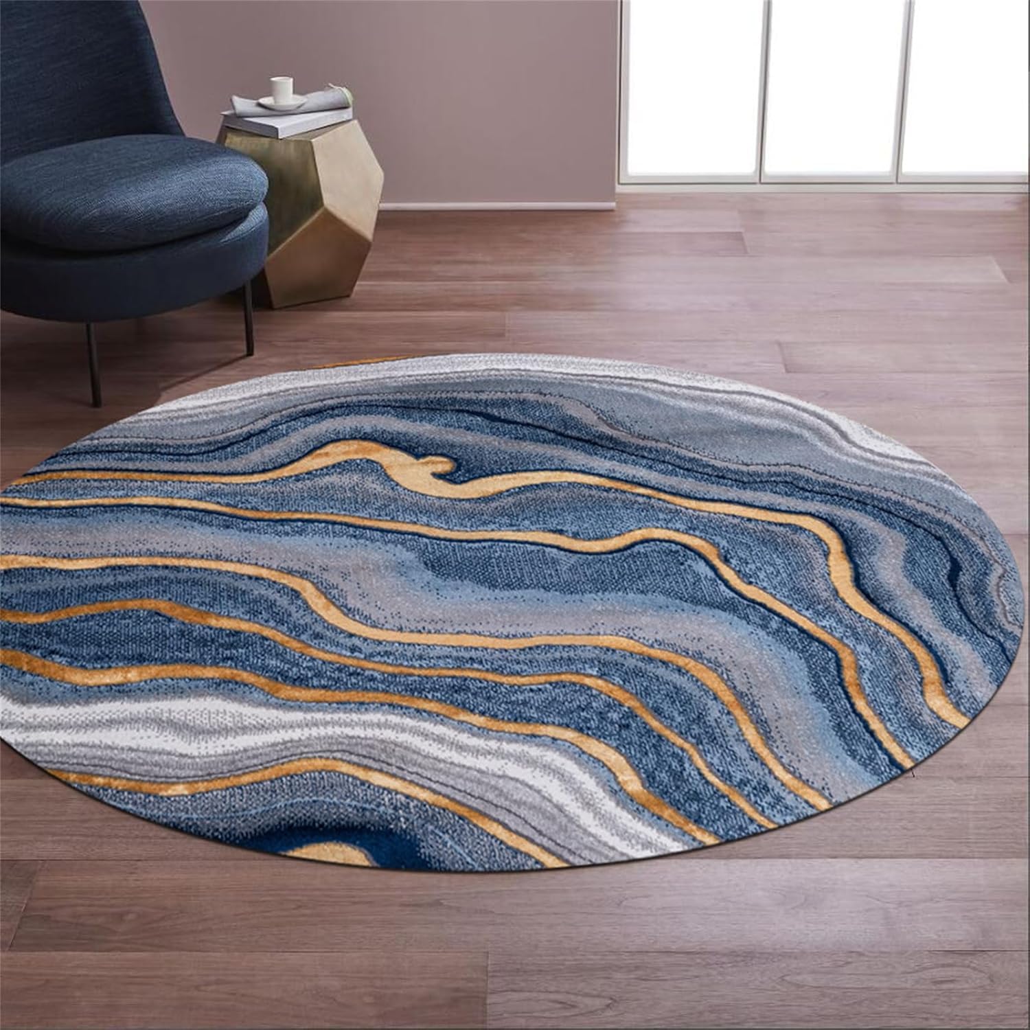 JvFbjLF Marble-patterned, Swirling, Circular Modern Abstract Fluid Art-style Soft Rug(Blue-gray,80cm)