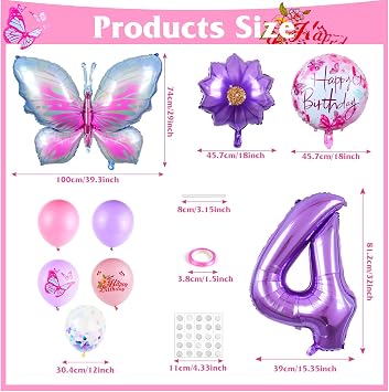 Butterfly Birthday Decoration Girls 4 Years, Pack of 23 Party Decoration, Butterflies Foil Balloon, Number Balloon, Foil Balloon Flower, Purple Birthday Party Decoration Balloons for Children