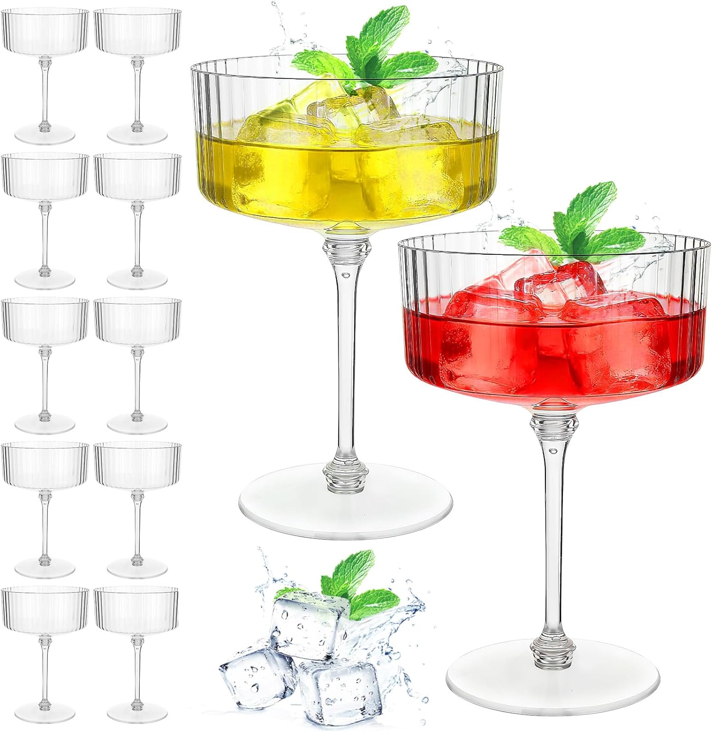12 Pcs Ribbed Martini Glasses 10oz Shatterproof Plastic Champagne Tower Detachable Stem Cocktail Glassware Set for Wedding Birthday Party Bar Desserts and Snacks (Transparent)
