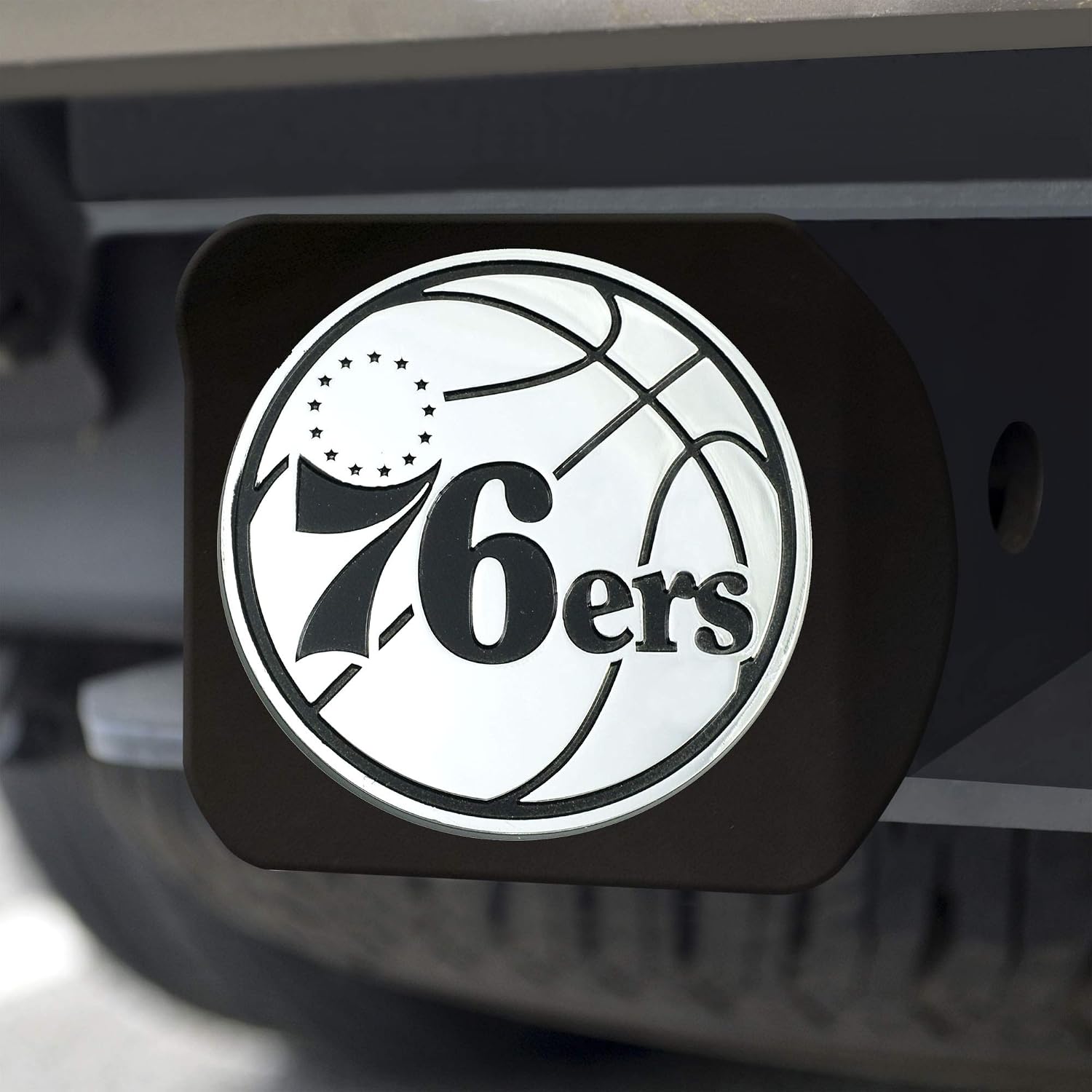 Philadelphia 76ers Black Metal Hitch Cover with 3D Gray Team Logo by FANMATS - Unique Round Molded Design – Easy Installation on Truck, SUV, Car - Ideal Gift for Die Hard Basketball Fan