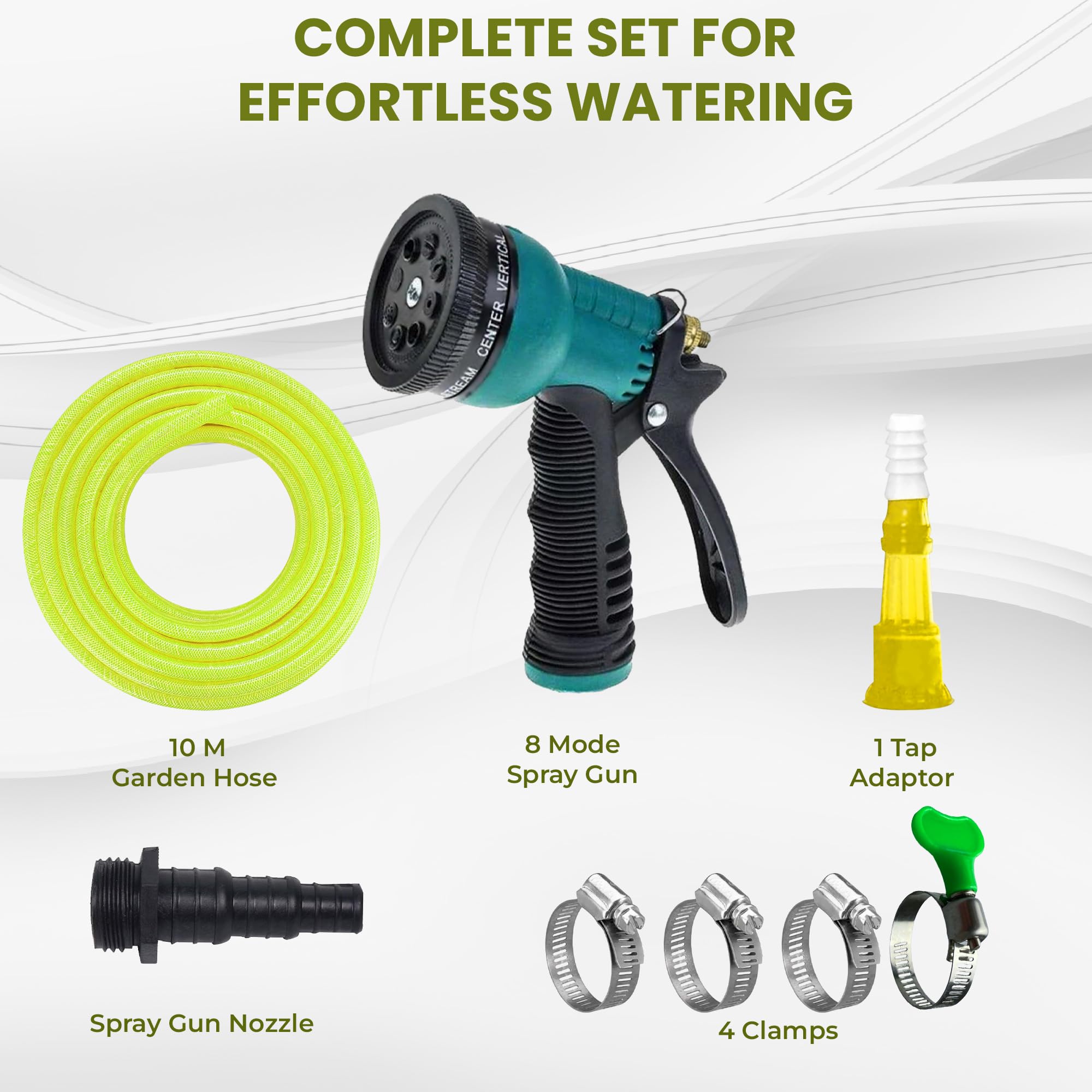Roots and Leaf 10M 0.5 Inch Braided PVC Garden Hose Pipe with 8 Pattern Spray Gun with 4 Clamps and tap Adaptor - Yellow | Heavy Duty Water Pipe for Garden, Car Washing, Garden Pipe for Home - Image 5 thumbnail