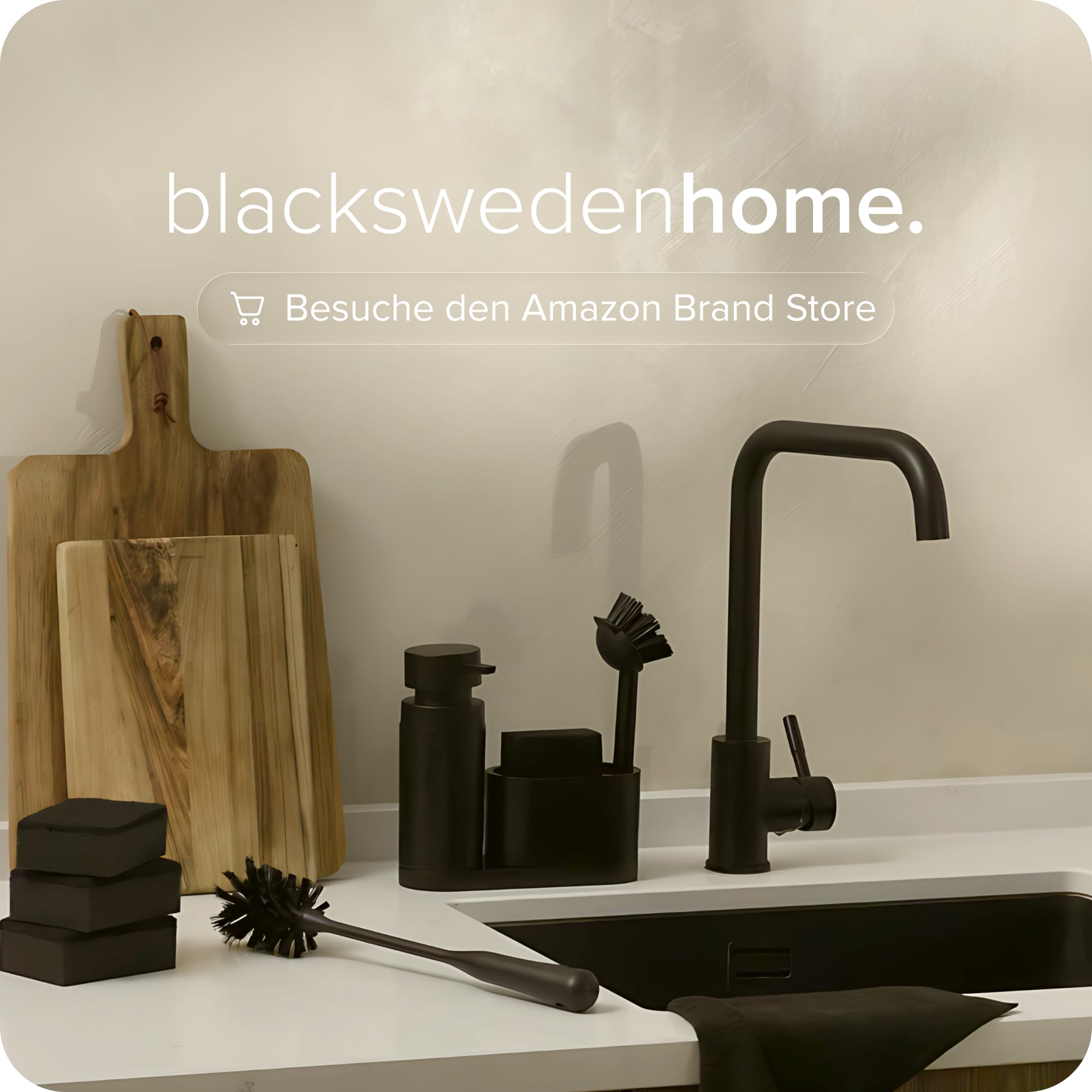 blackswedenhome. Design Spülbecken Organizer mit entnehmbaren Spülmittelspender Spülbürste und Schwamm - Küchenorganizer - Spüle Organizer aus Kunststein Sink Spül Set Seifenspender schwarz matt