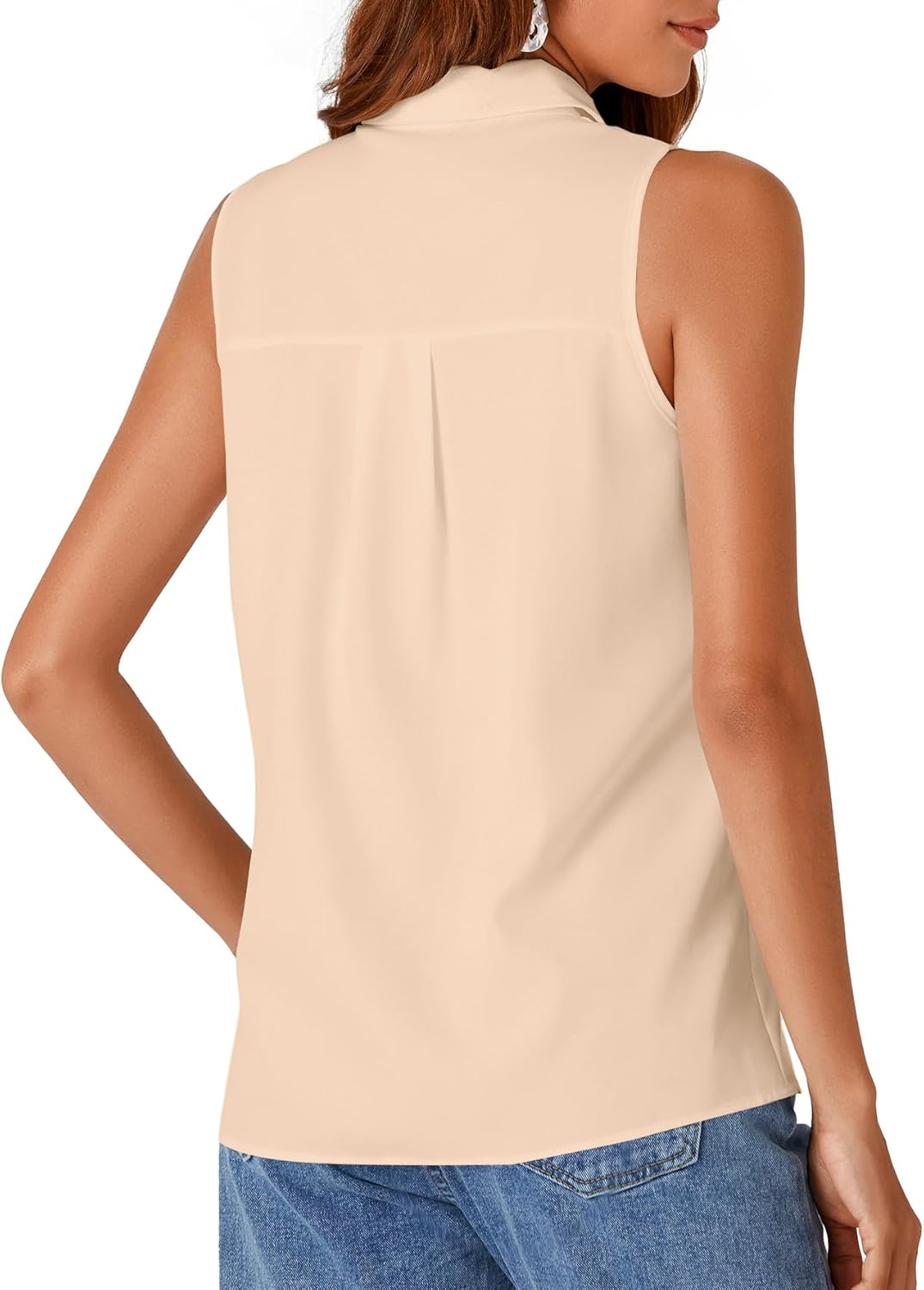 Rooscier Women's Collar V Neck Sleeveless Button Down Blouse Top Shirt with Pockets Beige X-Small - Image 2