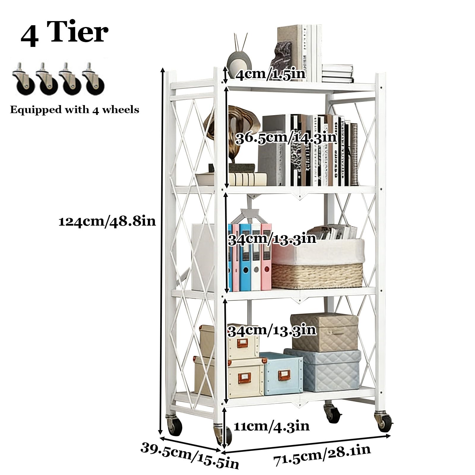 Generisch Lagerregal Metall 4 Ebenen, Schwerlastregal Schwarz 71.5 X 39.5 X 124 cm Faltbares Storage Shelf, Rollregal Küchenregal - Keine Montage Erforderlich, Robustes,Weiß,4 Tier