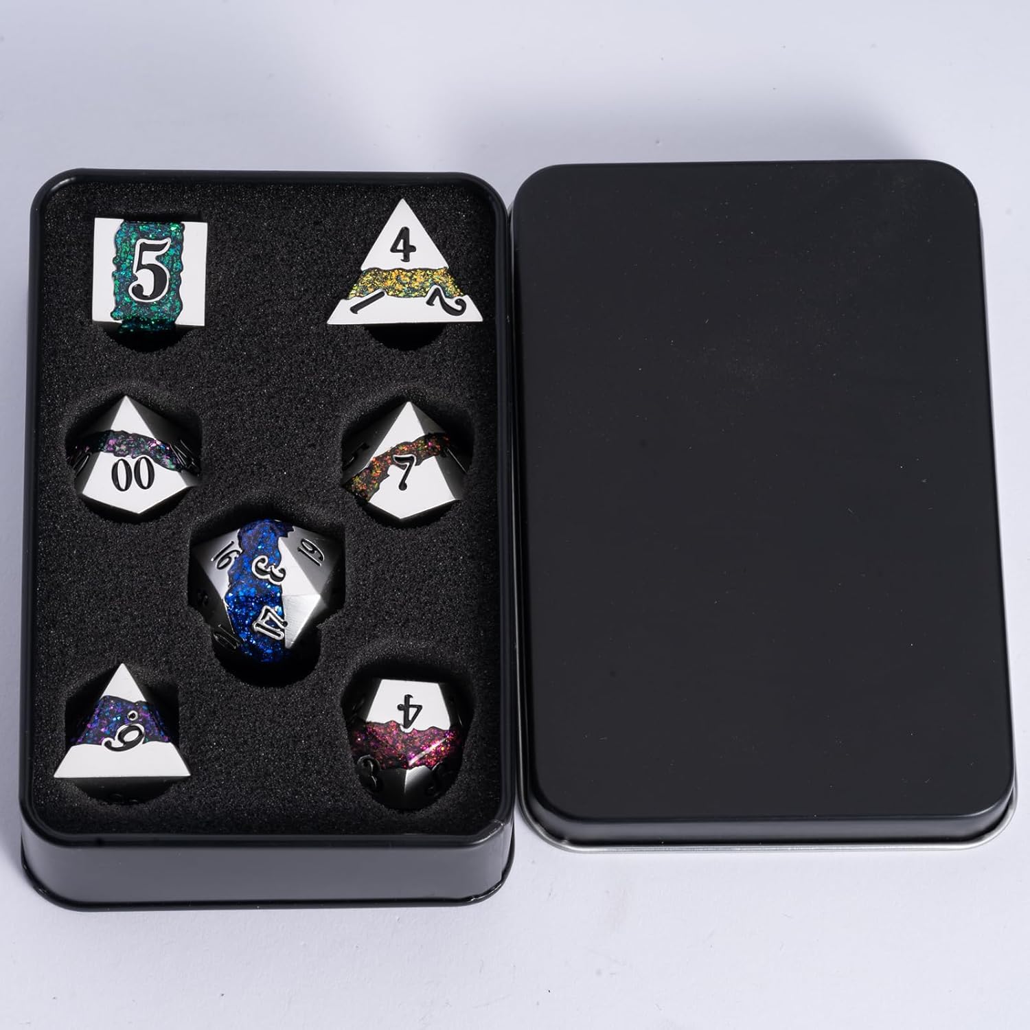 Polyhedral Metal Dice Set,7pcs Set Glitter Stripe DND Dice with Gift Box for RPG