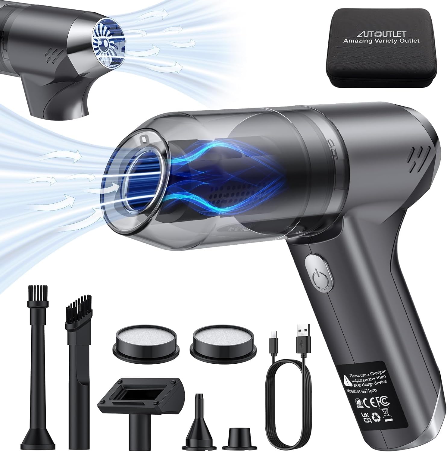 AUTOUTLET Mini Handstaubsauger Kabellos, 4 in 1 Staubsauger Auto Brushless Motor 11KPA High Power, 2-Gang 85000 U/min Druckluftspray, Akku Auto Staubsauger für Outdoor, Office Reinigung und Tierhaare