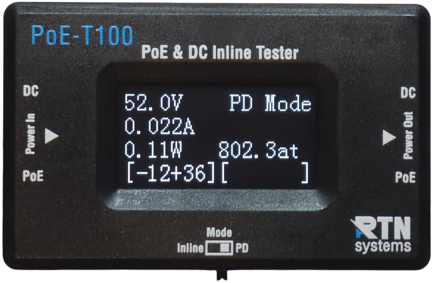 PoE-T100 Inline PoE & DC Tester – Test 802.3af/at/bt, 4PPoE, PoE+, Passive PoE & DC 12-57V with PD Simulator. Shows PoE Standard, Polarity, Voltage, Current & Power