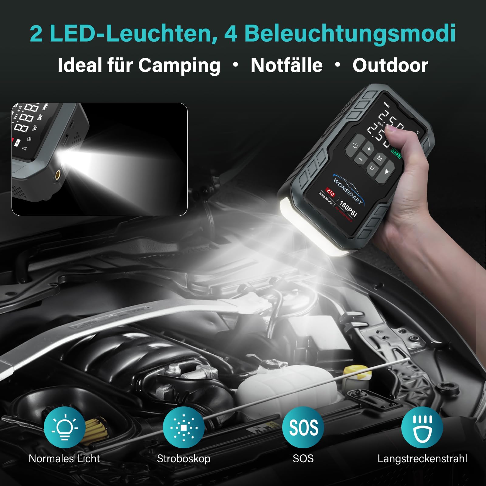 7000A Starthilfe Powerbank für PKW mit 160 PSI Kompressor | 27000 mAh Auto Starthilfe Powerbank für Alle 12V Benzin- & bis zu 8.0L Diesel motoren,4 LED-Lichter,Notfallset für Auto