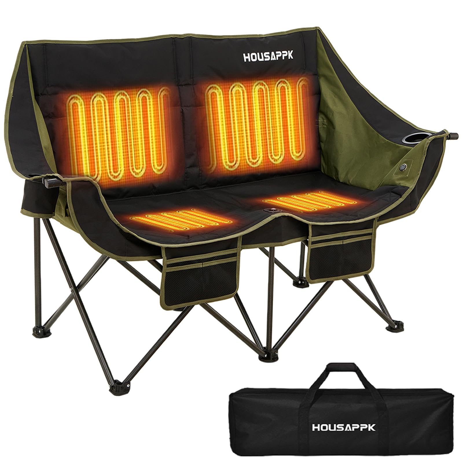 Heated Camping Chair, Oversized Heated Double Camping Chair for Adults 2 People, Heated Folding Outdoor Sports Chairs for Lawn, Hunting and Picnic, Supports 750 lbs,Battery Not Included