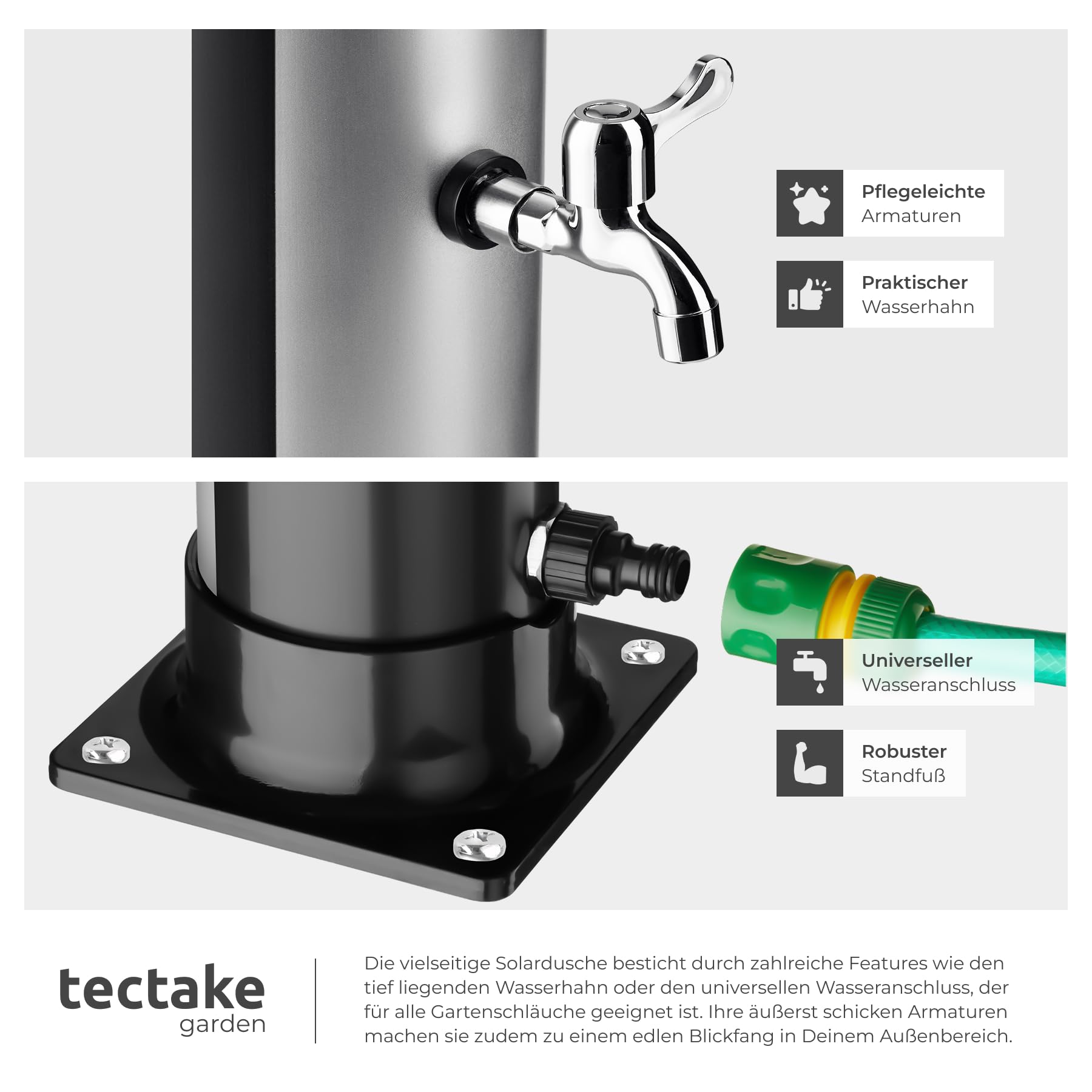 TecTake® Solardusche, 40 l, bis 60° C warmes Wasser, drehbarer Regenduschkopf, Gartenschlauch-Anschluss, Solar Dusche, Solar Duschen, Garten Solardusche, Camping Solardusche, schwarz/Silber