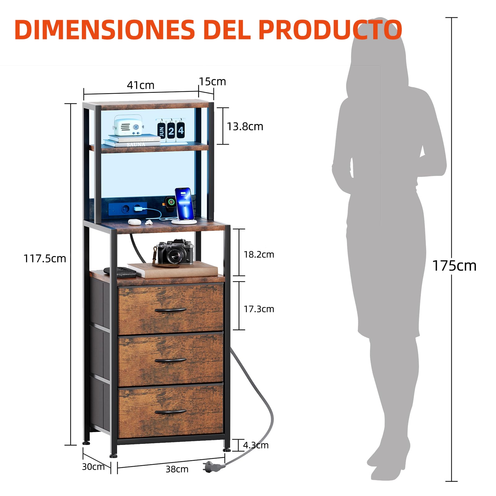 Caiyun Mesita de noche con LED y función de carga, mesa auxiliar con 4 niveles de almacenamiento, mesa de sofá con 3 cajones de tela, mesitas de noche con estante para libros, mesa auxiliar