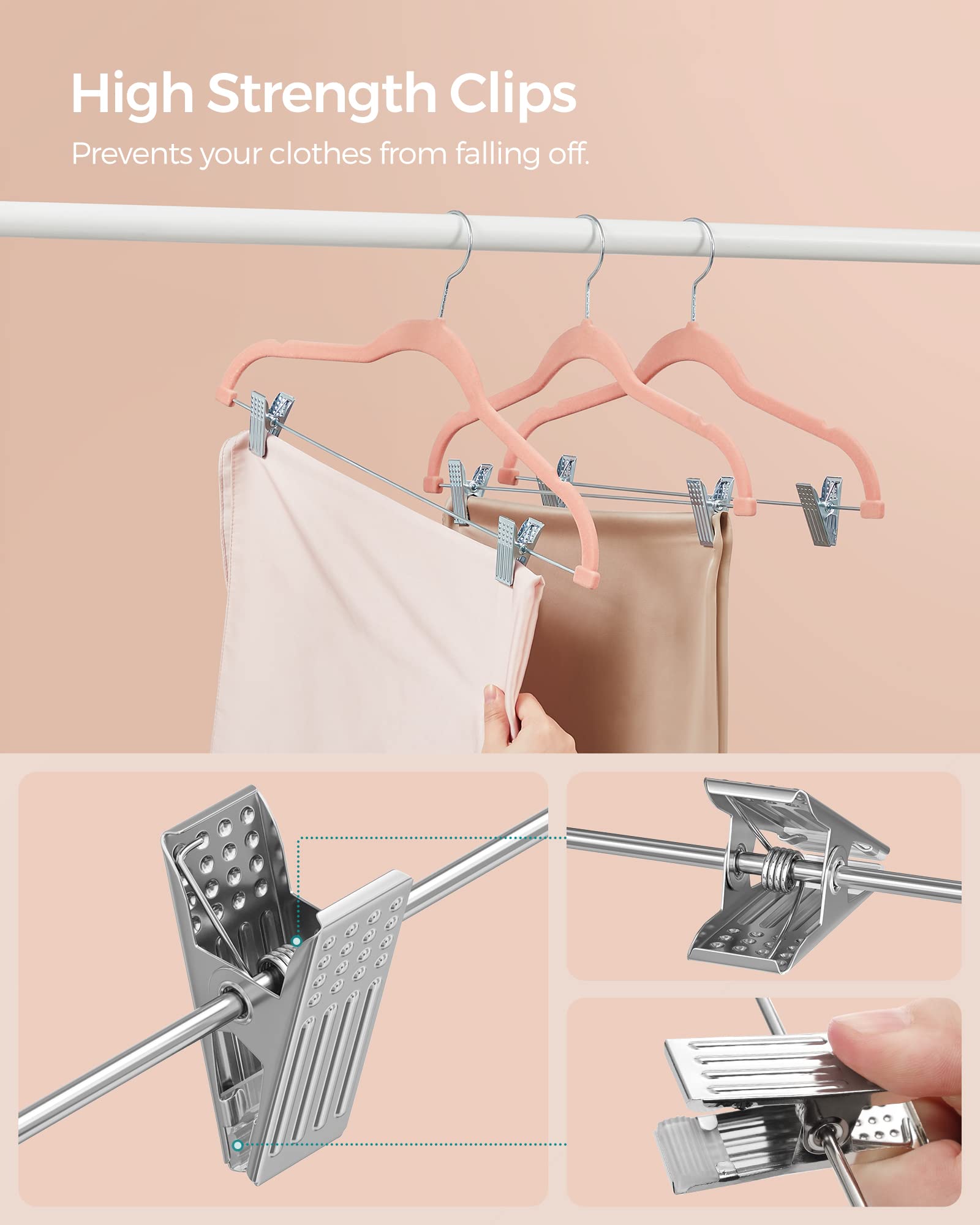 SONGMICS Paquete de 30 Perchas de Terciopelo de 16.7 Pulgadas de Largo con Clips Ajustables, Resistentes, Antideslizantes, Ahorro de Espacio para Pantalones, Faldas, Abrigos, Vestidos, Rosa Claro