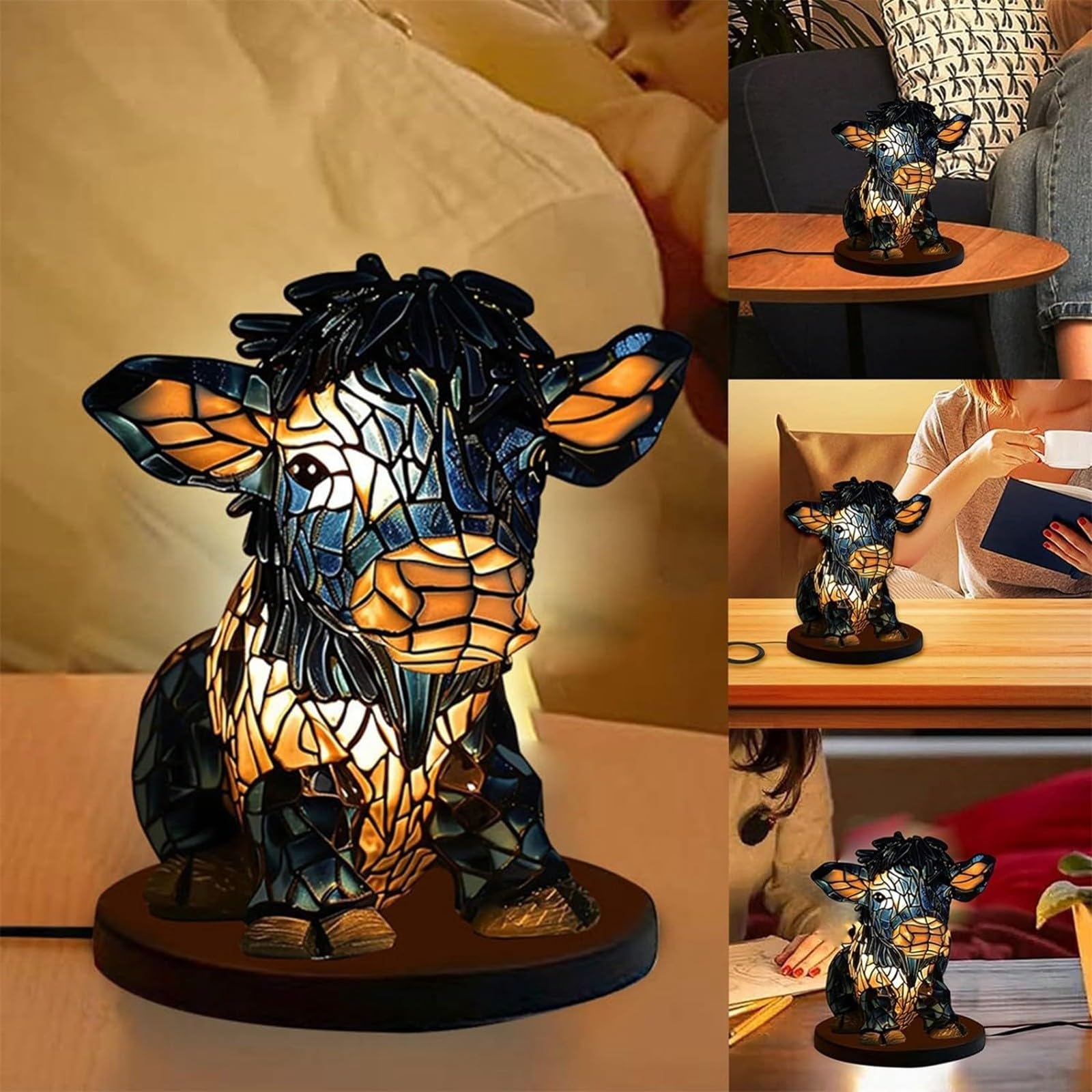 Cute Vintage 3D Highland Cow Table Lamp, USB Bedside Energy-Saving Portable Farmhouse Cow, USB Small Nightstand Lamp, LED Desk Night Light for Bedroom Reading Living Room Nursery Home Office (B)