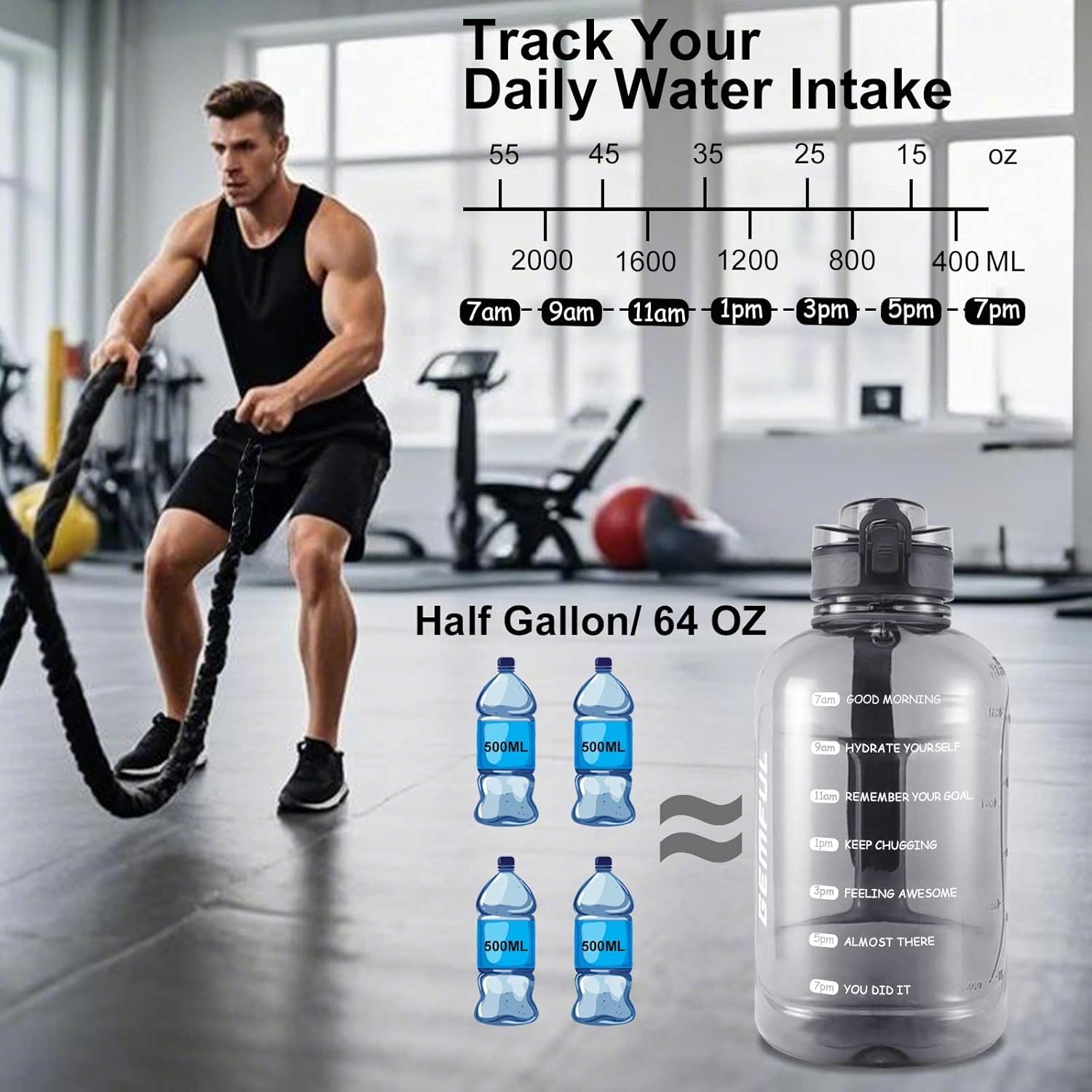 GEMFUL 2 Liter Water Bottle with Time Marker & Handle 64oz Large Motivational Jug for Gym Workouts No Straw Leak Proof BPA Free (Grey) - Image 3