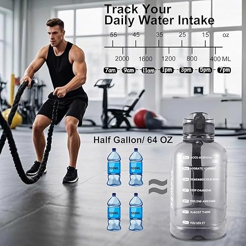 Miniatura 3 de GEMFUL Botella de agua de 2 litros con marcador de tiempo y asa, jarra motivacional grande de 64 onzas para entrenamientos de gimnasio, sin pajilla,