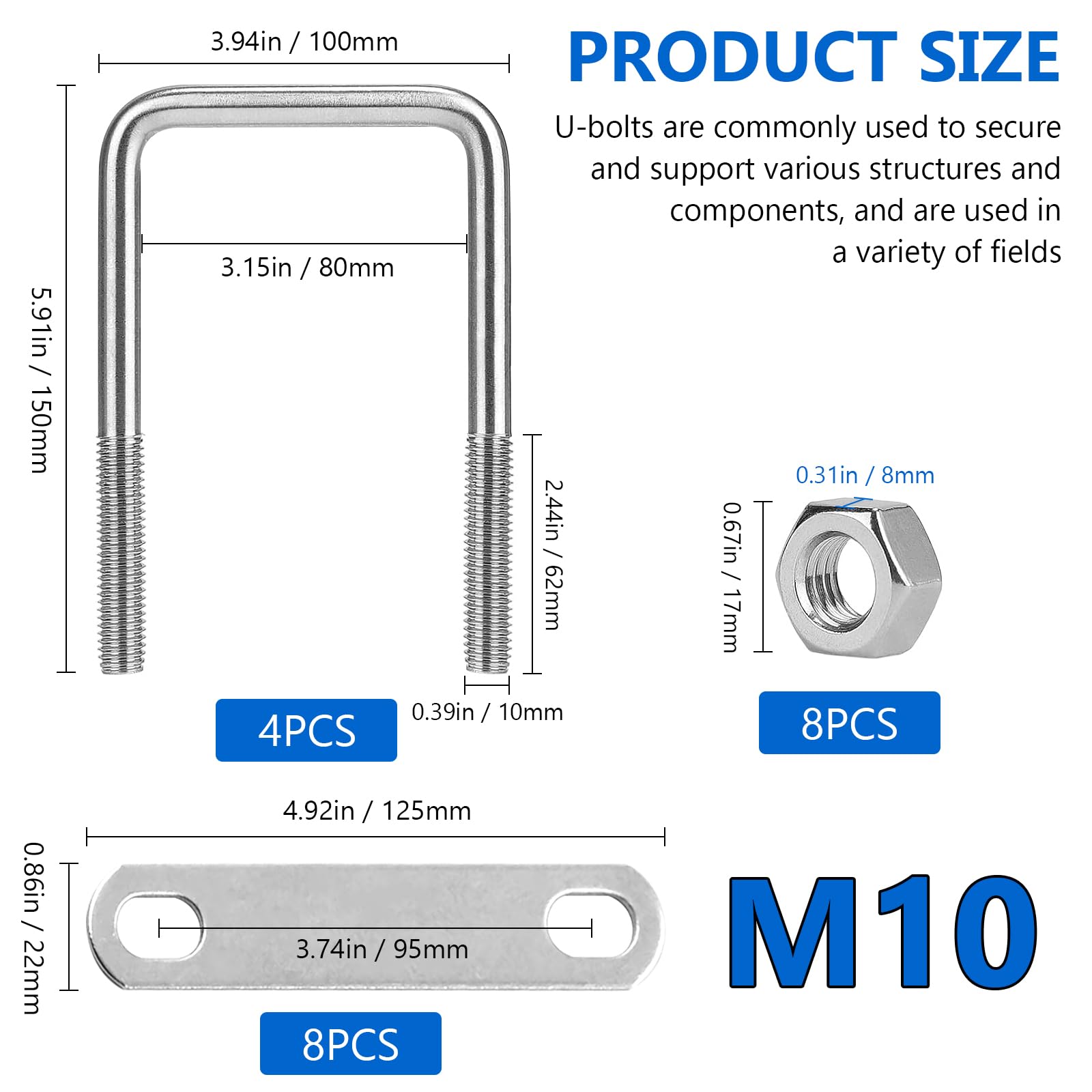 Viti A U M10 150 Mm - Kit 4 Pezzi Con Dadi E Rondelle, Distanza Interna 80 Mm, Acciaio Inox 304 - Per Fissaggio Recinzioni, Tubi, Traino