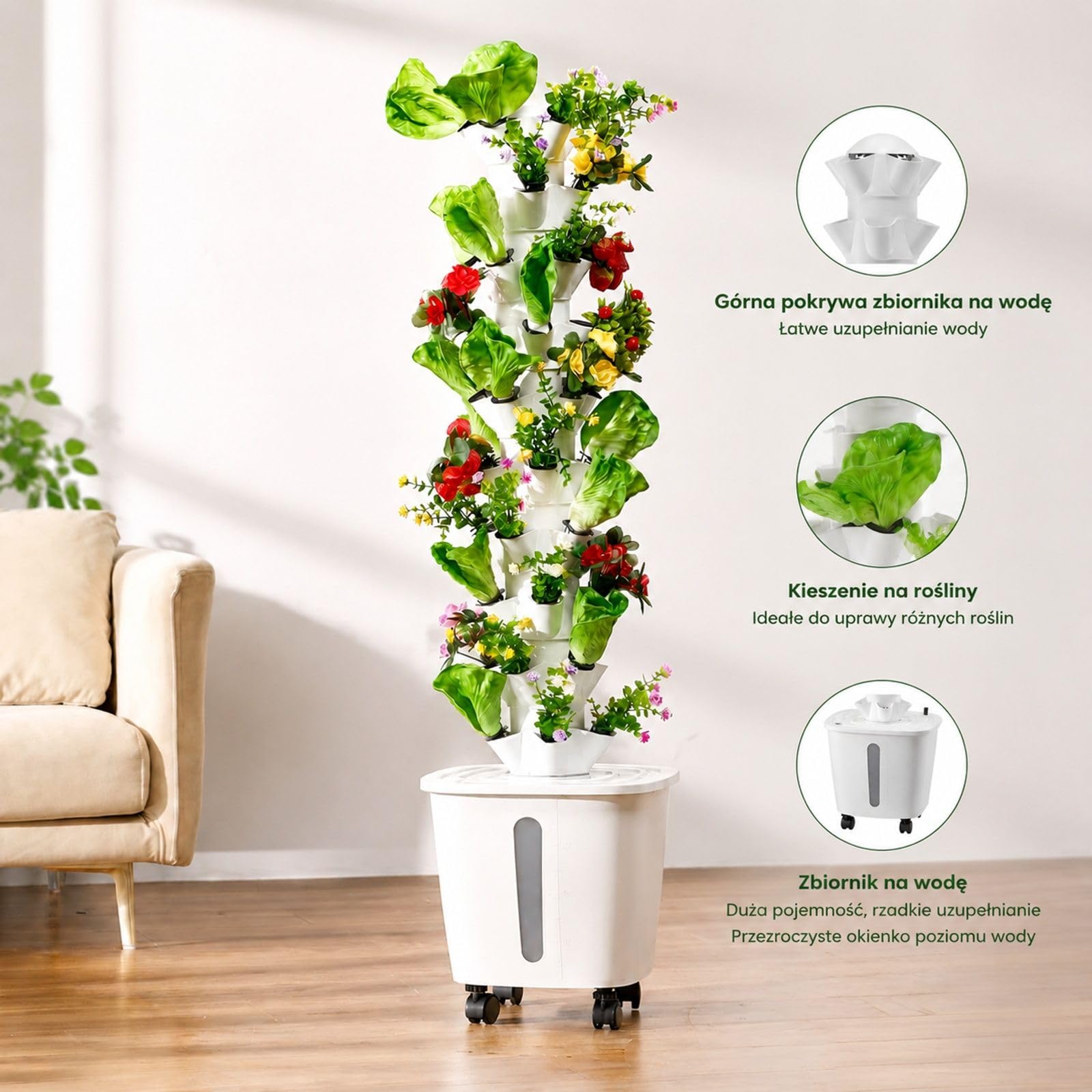 Pionowy system hydroponiczny z 50 miejscami do sadzenia, 10 poziomami, zbiornikiem na wodę 20 l, pompą wodną i kółkami, do ziół, owoców i warzyw w pomieszczeniach