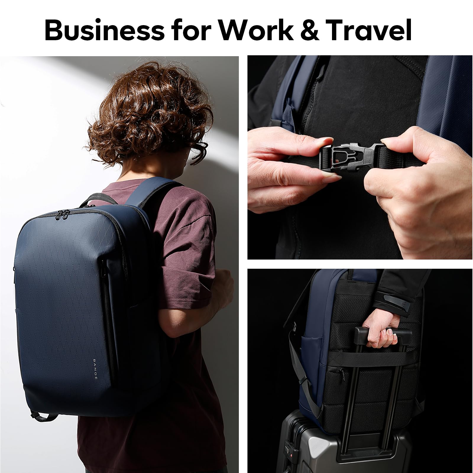 BANGE Sac à dos professionnel pratique pour hommes et femmes, pour ordinateur portable jusqu'à 15,6 pouces, étanche, idéal pour le travail, les déplacements et les voyages, format cabine, bleu