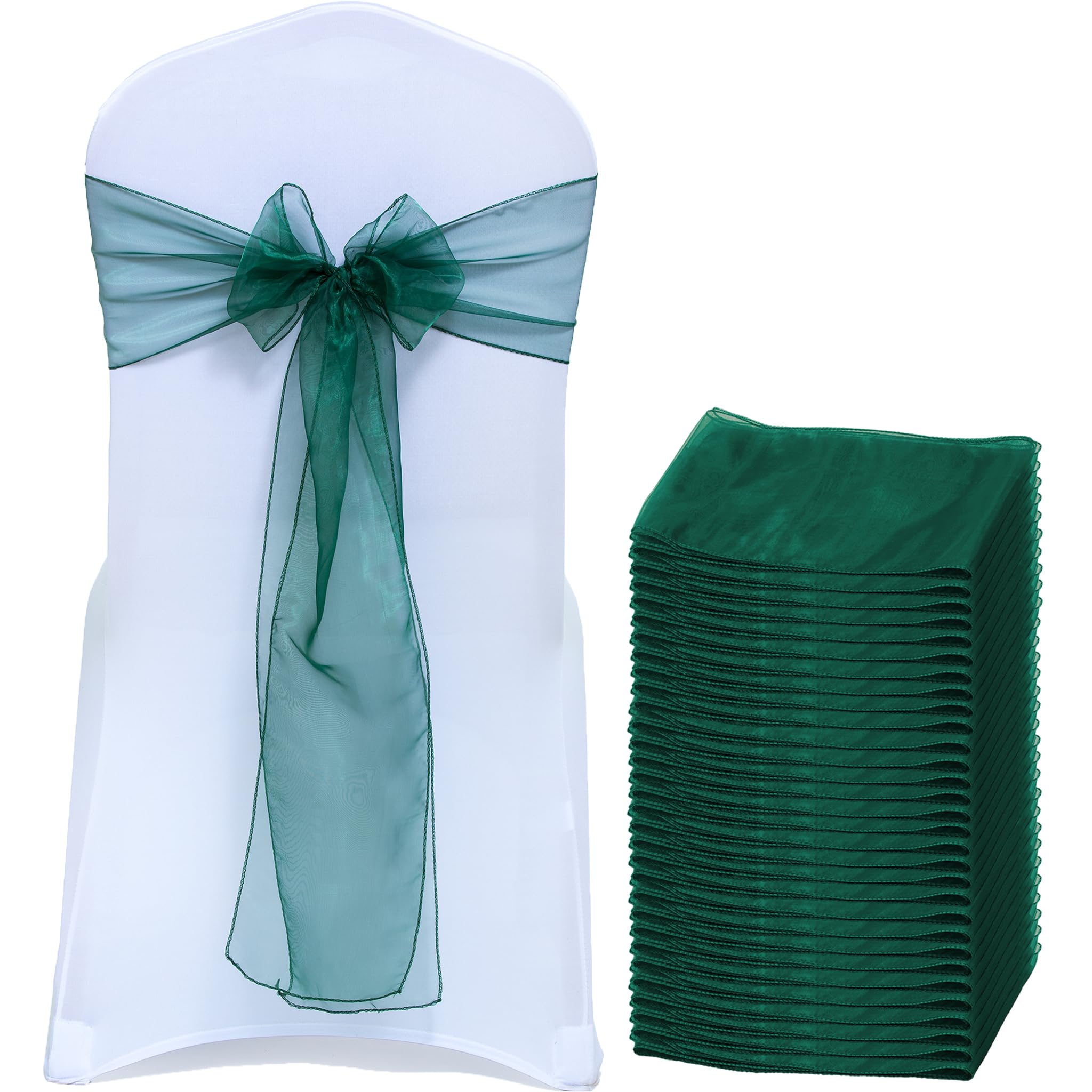 EDecor Pack of 200 Organza Chair Sashes for Wedding & Party Decorations – Reusable Sheer Chair Bows Tie Back for Banquet Chairs, Bridal Shower, Birthday, Reception Event Styling Décor - Hunter Green