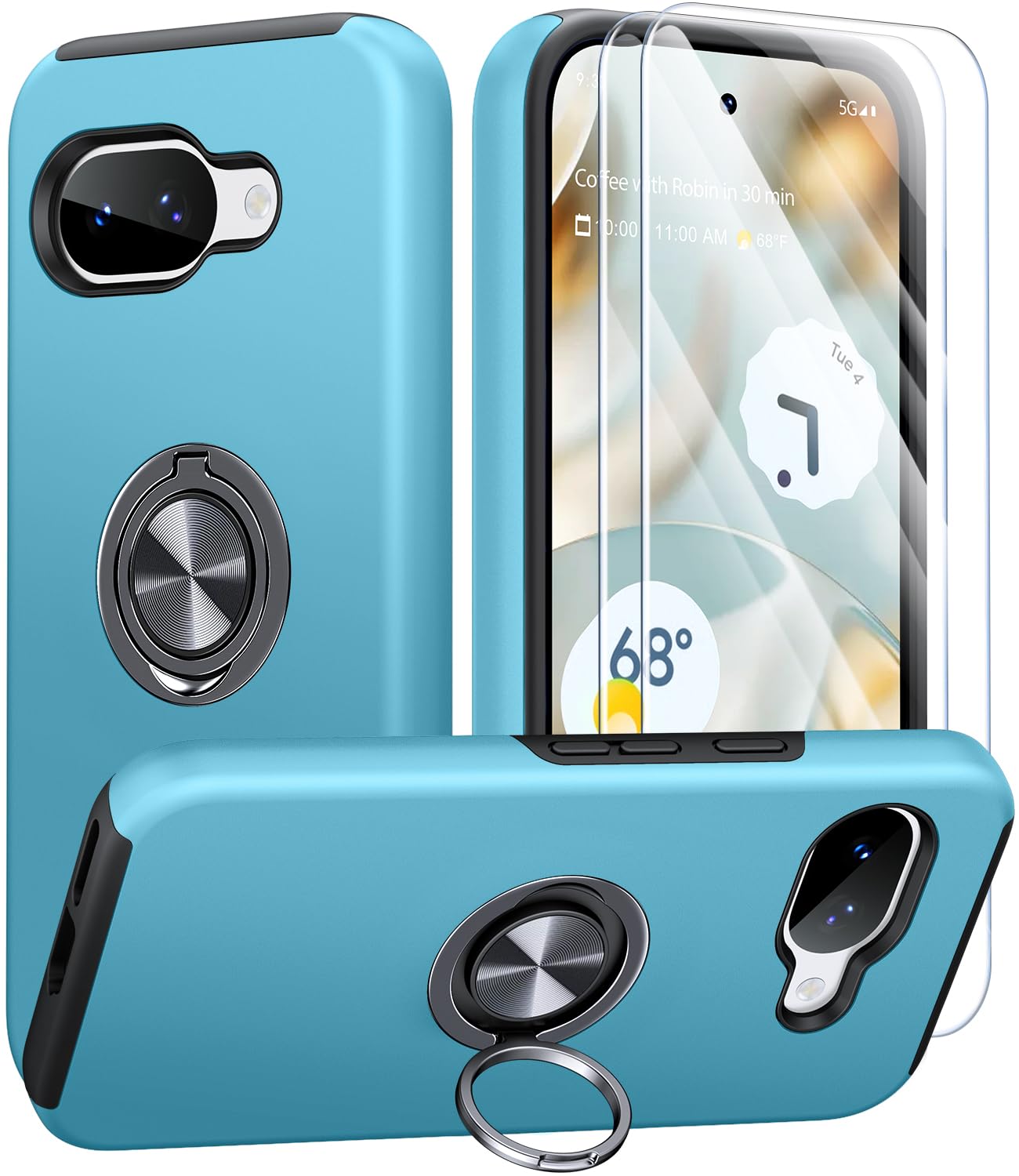 AOUIA Handyhülle für Google Pixel 10a Hülle mit 2 Stück Schutzfolie, Militärischer Schutz Stoßfest Pixel 10a Hülle mit 360° Drehbarem Ring Kickstand, Sierra Blau