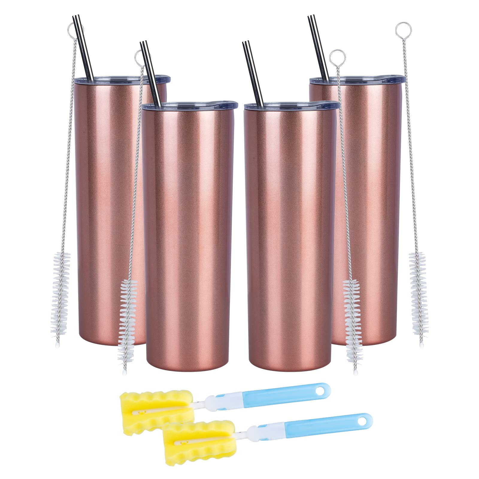 Skinny Reisebecher, 590 ml, 4 Stück, Edelstahl, schmale Trinkgläser mit Deckel, Strohhalm, doppelwandig, isoliert, schmal, für Kaffee, Wasser, Tee, Roségold