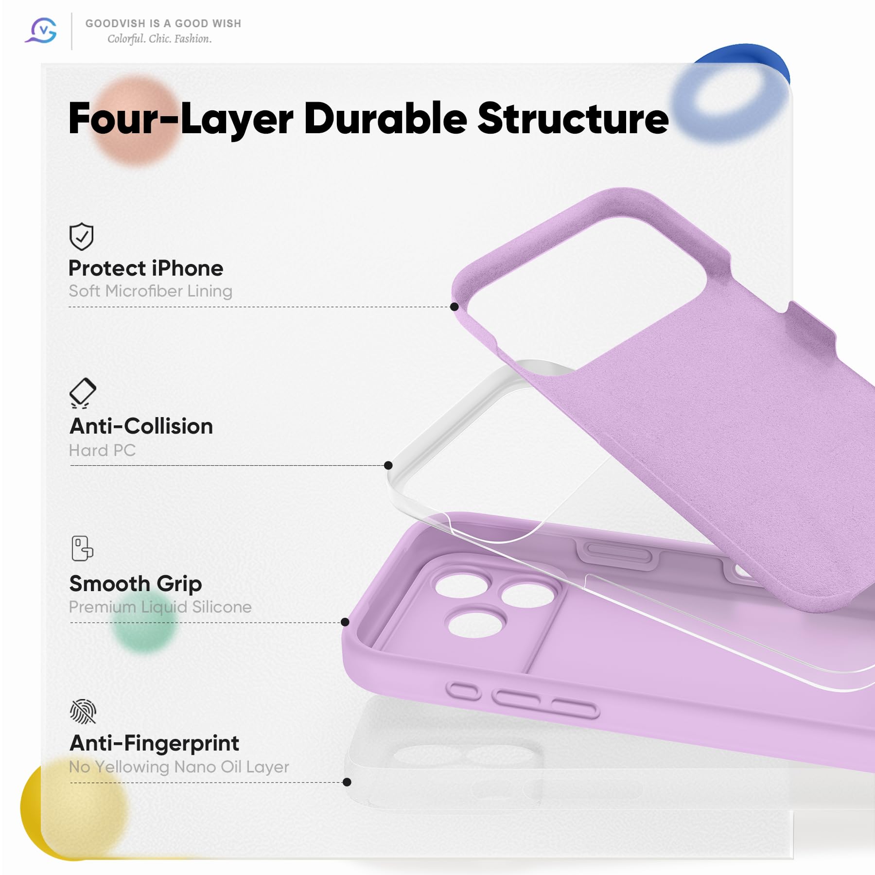GOODVISH Silicone Cover per iPhone 17 Pro 6.3", Custodia con 2x Vetro Temperato [Pulsante Controllo Fotocamera] 360° Protezione Anticaduta Case per Cellulare Antiurto Resistente, Viola