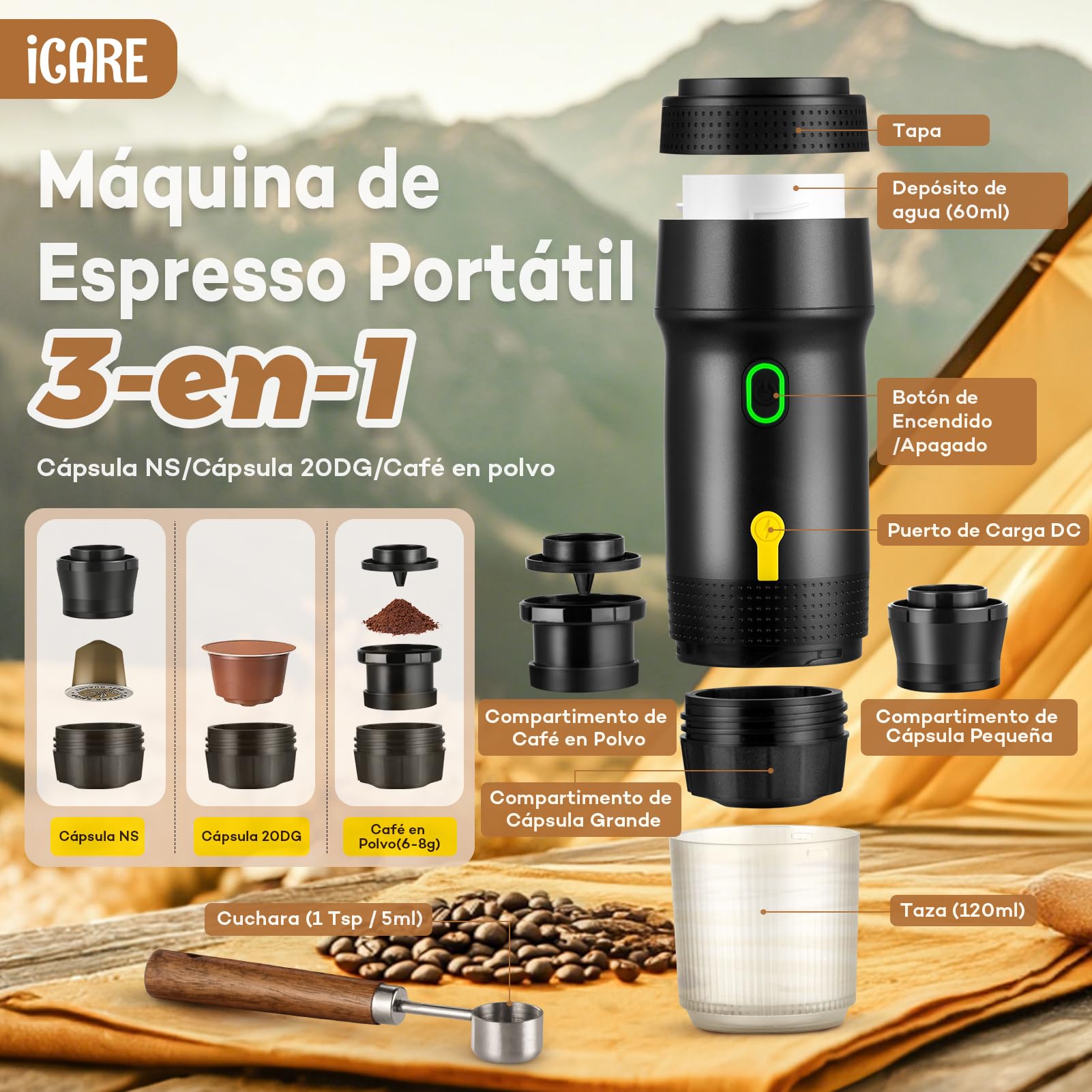 ICARE Cafetera Portatil Capsulas, Espresso Machine 3 en 1, 20BAR Presión, 92°C Extracción, Batería 7500mAh, Carga USB/Coche, para Café Molido y Cápsulas Pequeña/Grande (Negro)