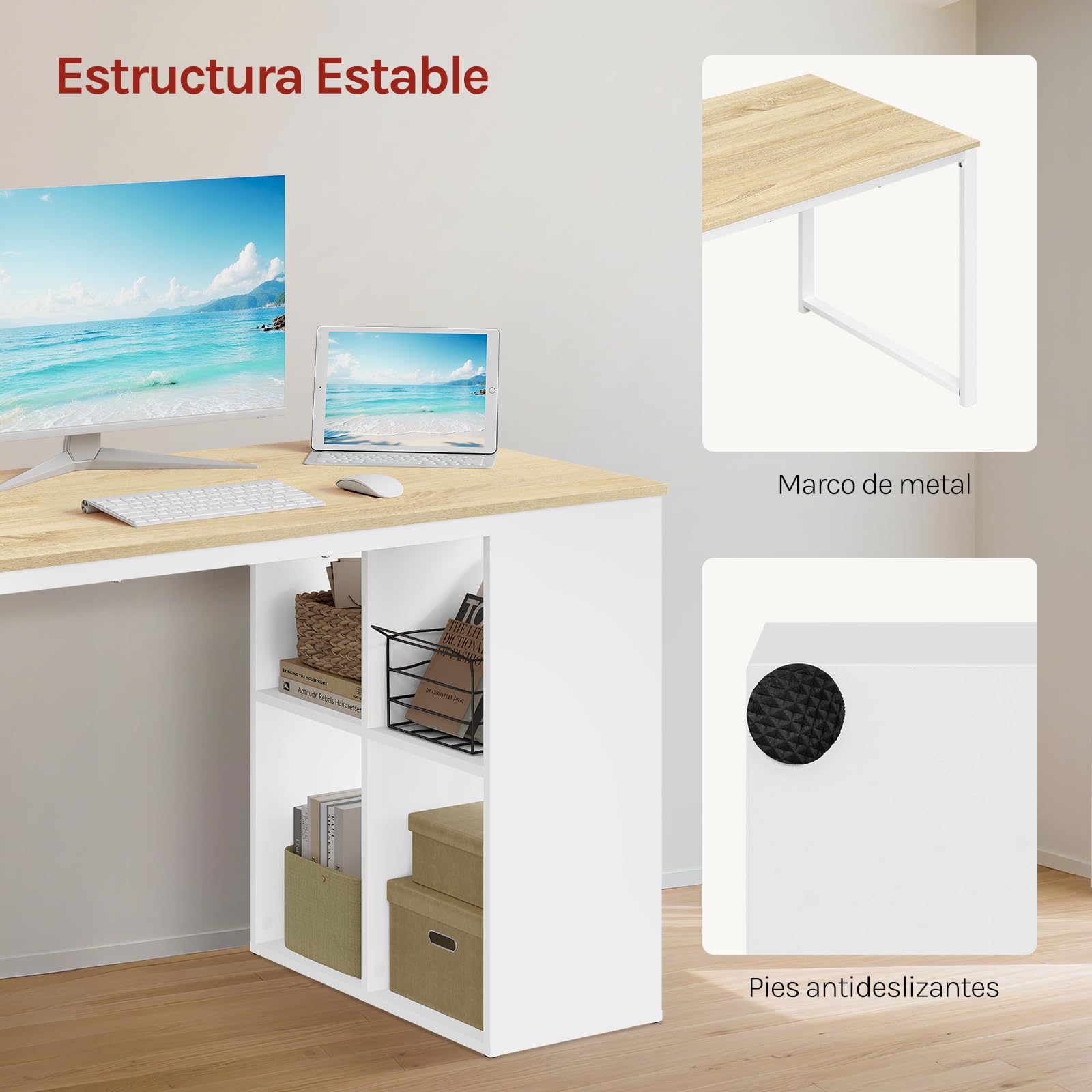 WOLTU Escritorio de Oficina con Estantería y Almacenamiento, Blanco Brillante, 120x60x75 cm, Mesa Estudio Multifuncional para Ordenador, Dormitorio, Estudio