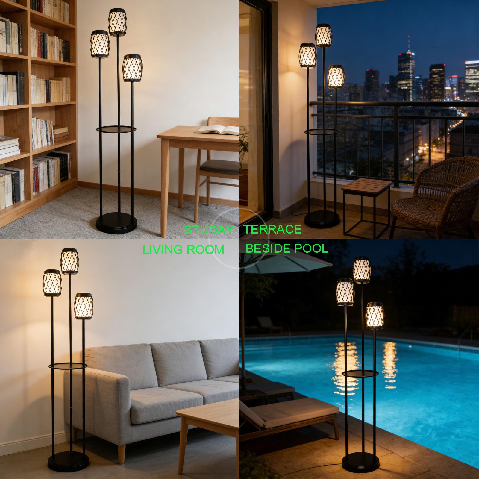 Lámpara solar de pie para exteriores, 3 cabezales, impermeable, de metal, poste con maceta y estantes, resistente al óxido, para todo tipo de clima, lámpara de pie para patio, terraza, jardín