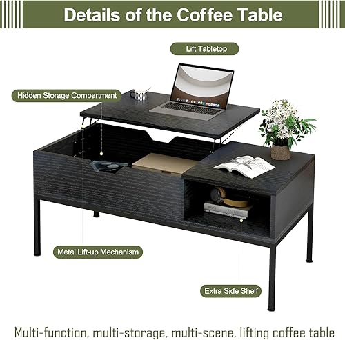 Miniatura 5 de Aimerive Mesa auxiliar elevable, mesa de centro negra con compartimento oculto y estante de almacenamiento, mesa de sala de estar de madera con
