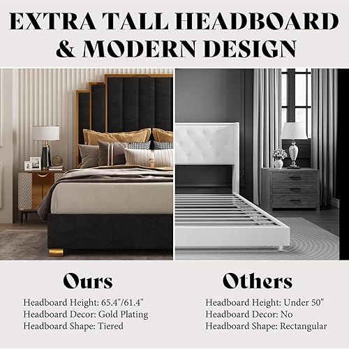Miniatura 5 de AMERLIFE Cama tapizada tamaño California King, marco de cama moderno de terciopelo con cabecera de 65.4 pulgadas de alto, no necesita somier, color