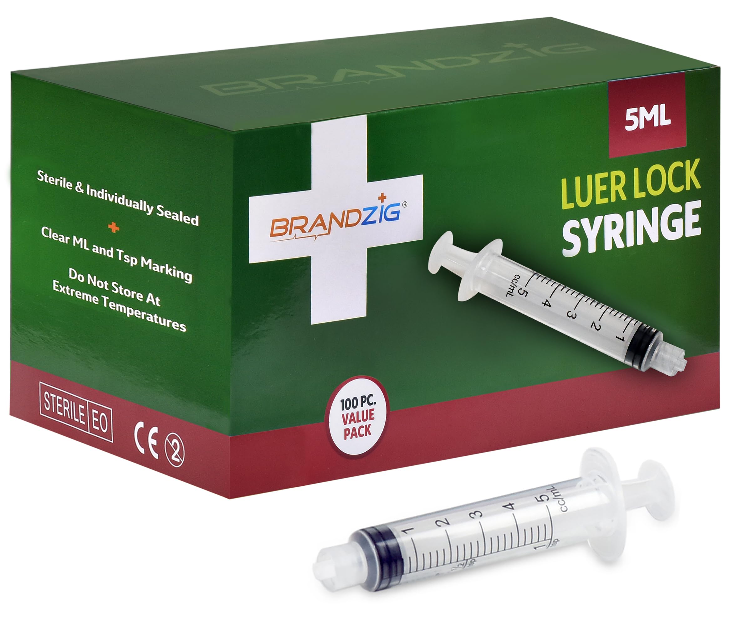 5ml syringe luer lock (No Needle) - Sterile, Individually Wrapped - 100 Pack - for Professional & Personal Use