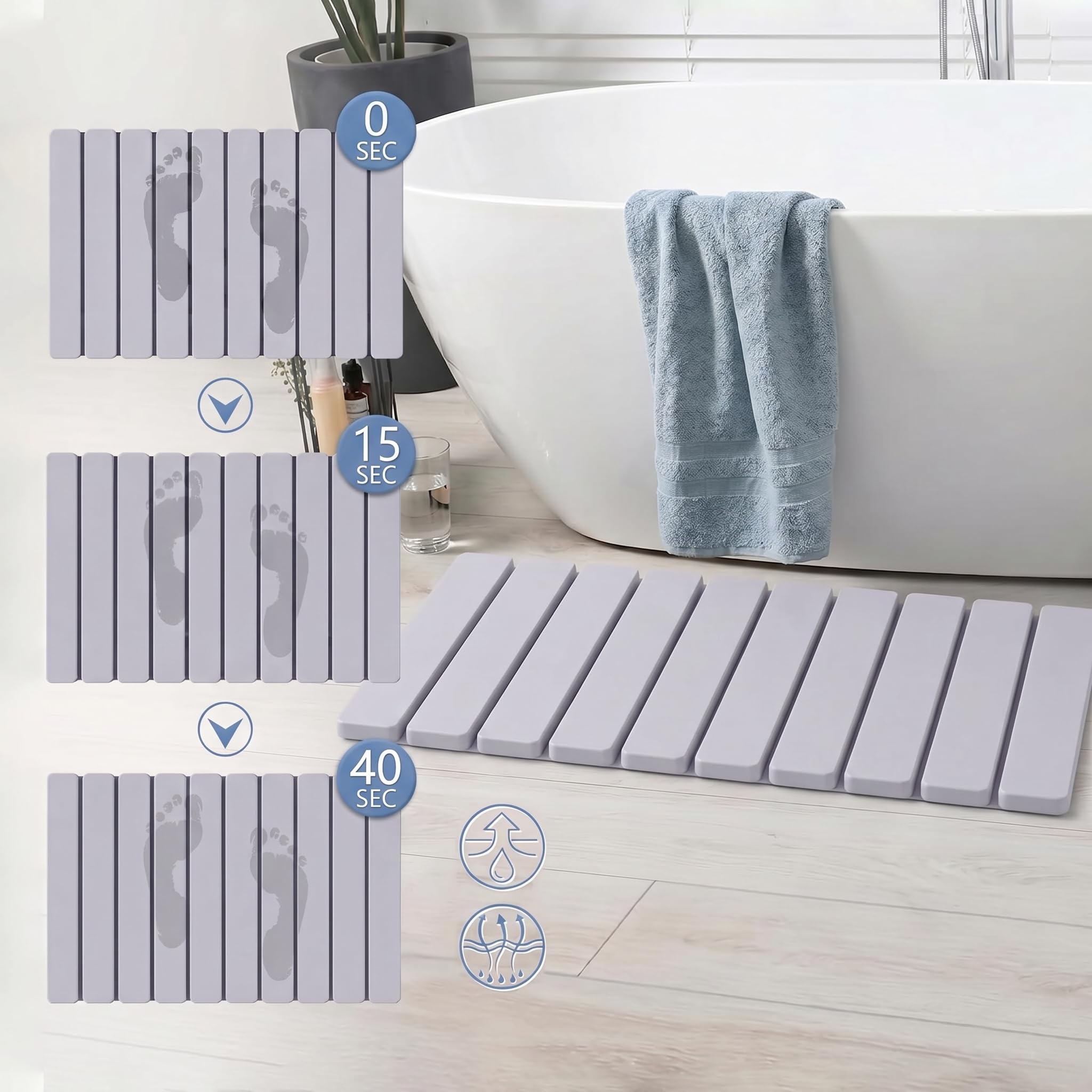 Tappetino Bagno Diatomite Pieghevole Set da 2, Tappeto Bagno Antiscivolo e Assorbente ad Asciugatura Rapida, Aiuta a Ridurre Umidità e Cattivi Odori, per Doccia, Vasca, 60 x 39 cm, Grigio Chiaro
