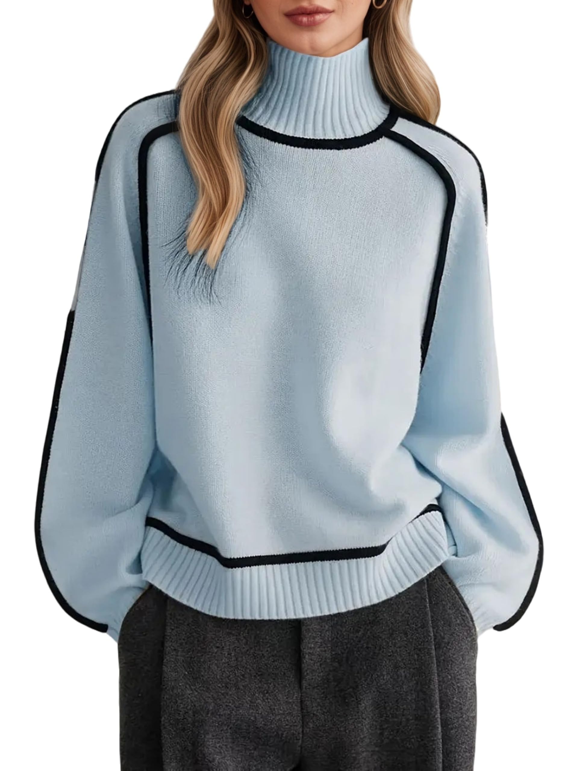 Womens Mock Neck Knitted Jumpers Casual Long Sleeve Pullover Sweaters