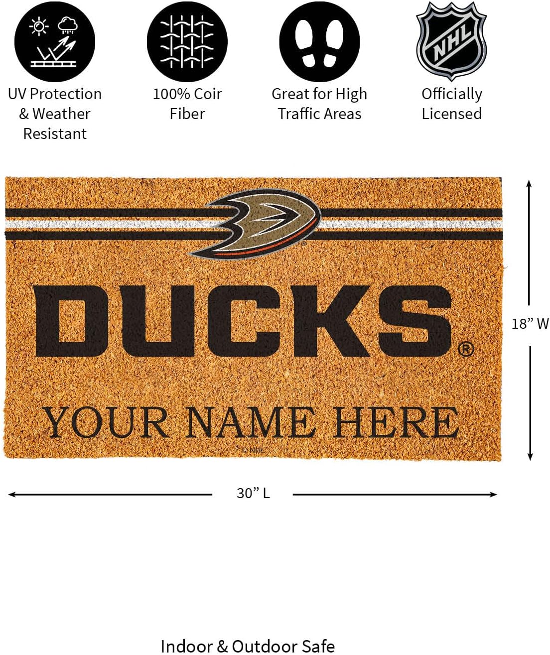 Team Sports America NHL Anaheim Ducks Personalized Coir Door Mat, 18 x 30 Inches Custom Name Doormat with Non Slip Back, Front Door Welcome Mats