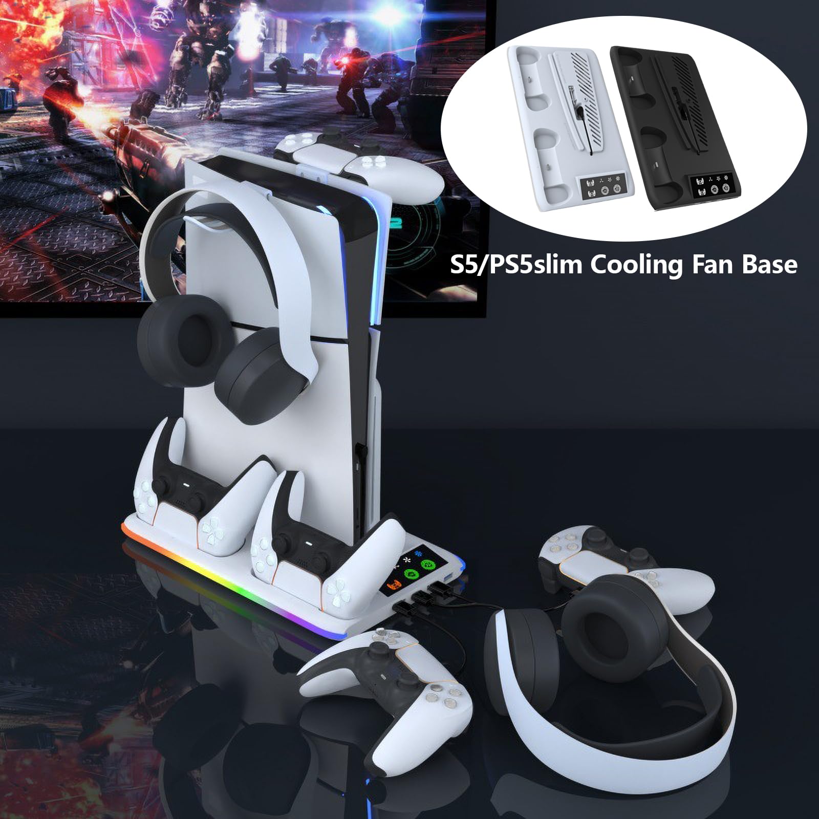 Supporto multifunzionale per ventola di raffreddamento per PS5, base in ABS con luci a LED, ideale per console di gioco, prestazioni migliorate e dissipazione ottimale del calore