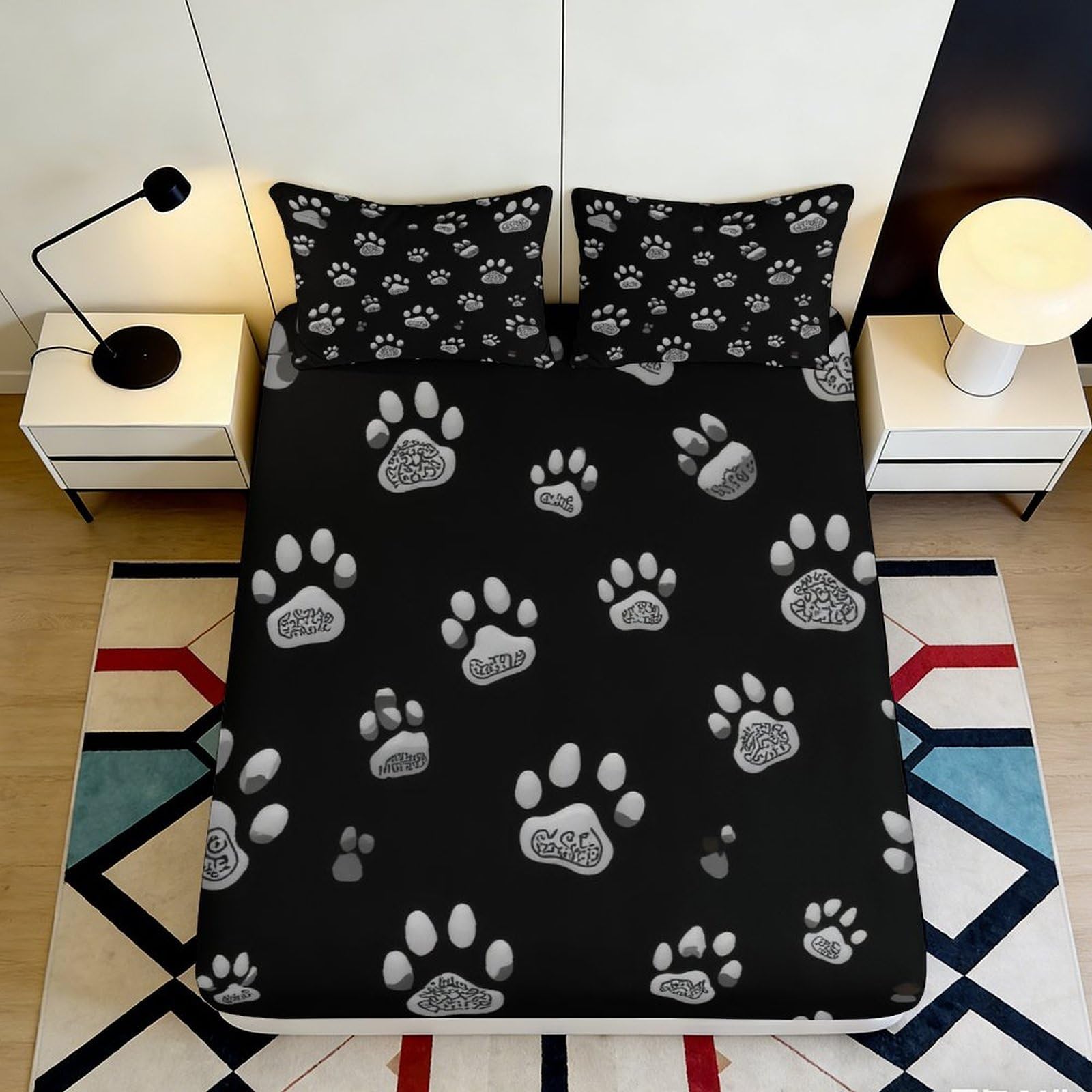 3D Printed Black Paw Print Fitted Sheet Microfiber Soft Durable Grey Paw Pattern Mattress Cover for Bedroom Dormitory Guest Room Mattress Protection 180x200x25cm