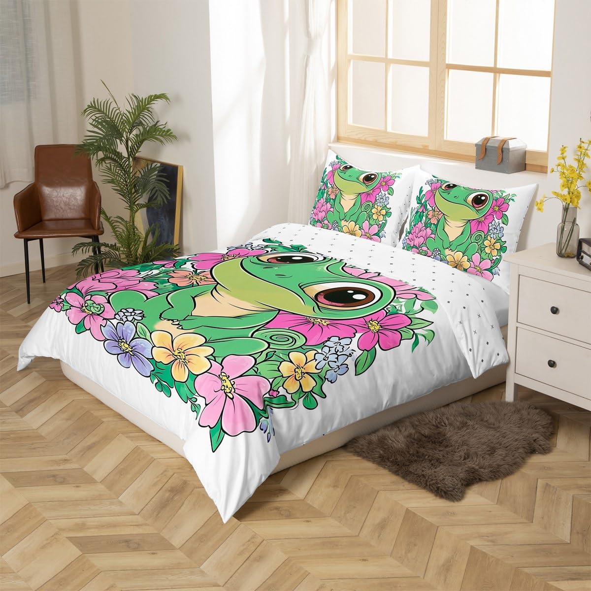 jejeloiu Chameleon Duvet Cover Toddler Size Cartoon Cute Lizard Bedding Set for Kids Wildlife Animal Comforter Cover Ultra Soft Floral Decor Bedspread Zipper Closure