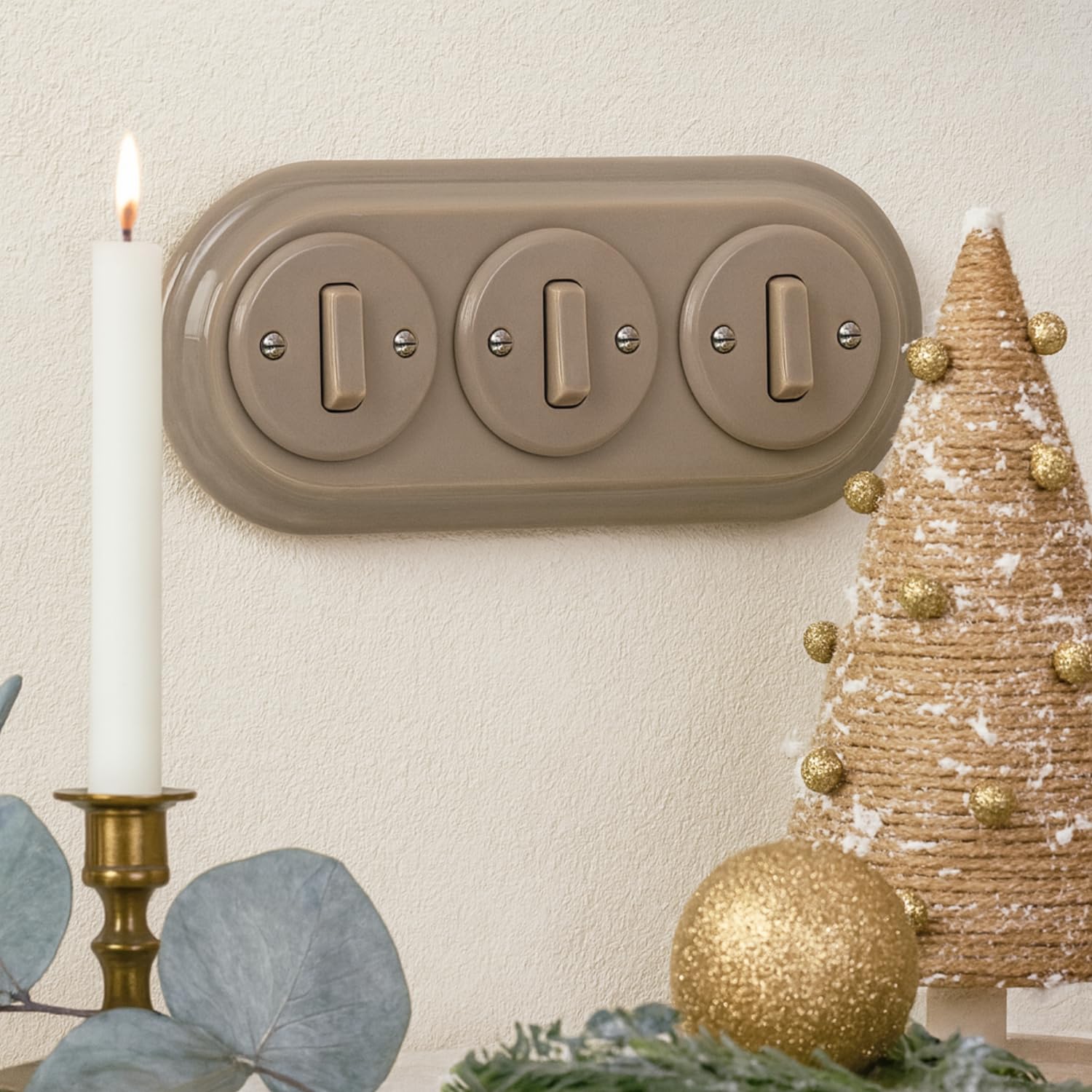 Unterputz Porzellan Retro Schalter, 3-fach, All-in-One, SET Serie PR1 graubeige