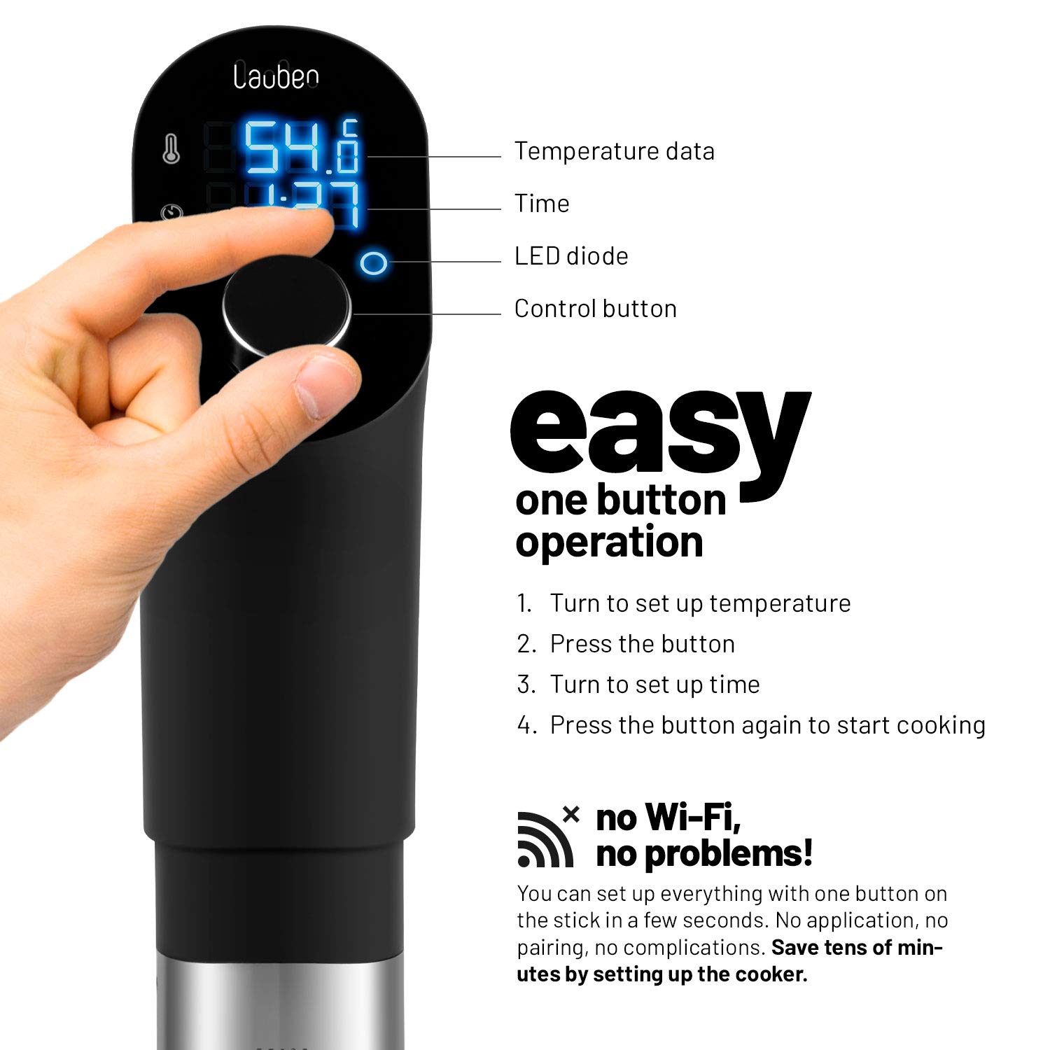 Lauben al vacío Stick SV01 - Olla de precisión - Termostato sumergible profesional 1200W para su hogar | Cocina al vacío