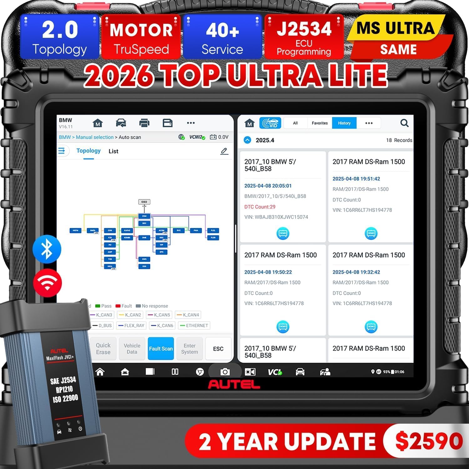 Autel MaxiCOM Ultra Lite Primera Diagnosis Coche, Actualizaciones 2 Años, Diagnóstico Inteligente de MS919 MS909 Elite II PRO, Topología 2.0, Programa & Codifica ECU, 3K+ Pruebas Activas, 40+ Servicio